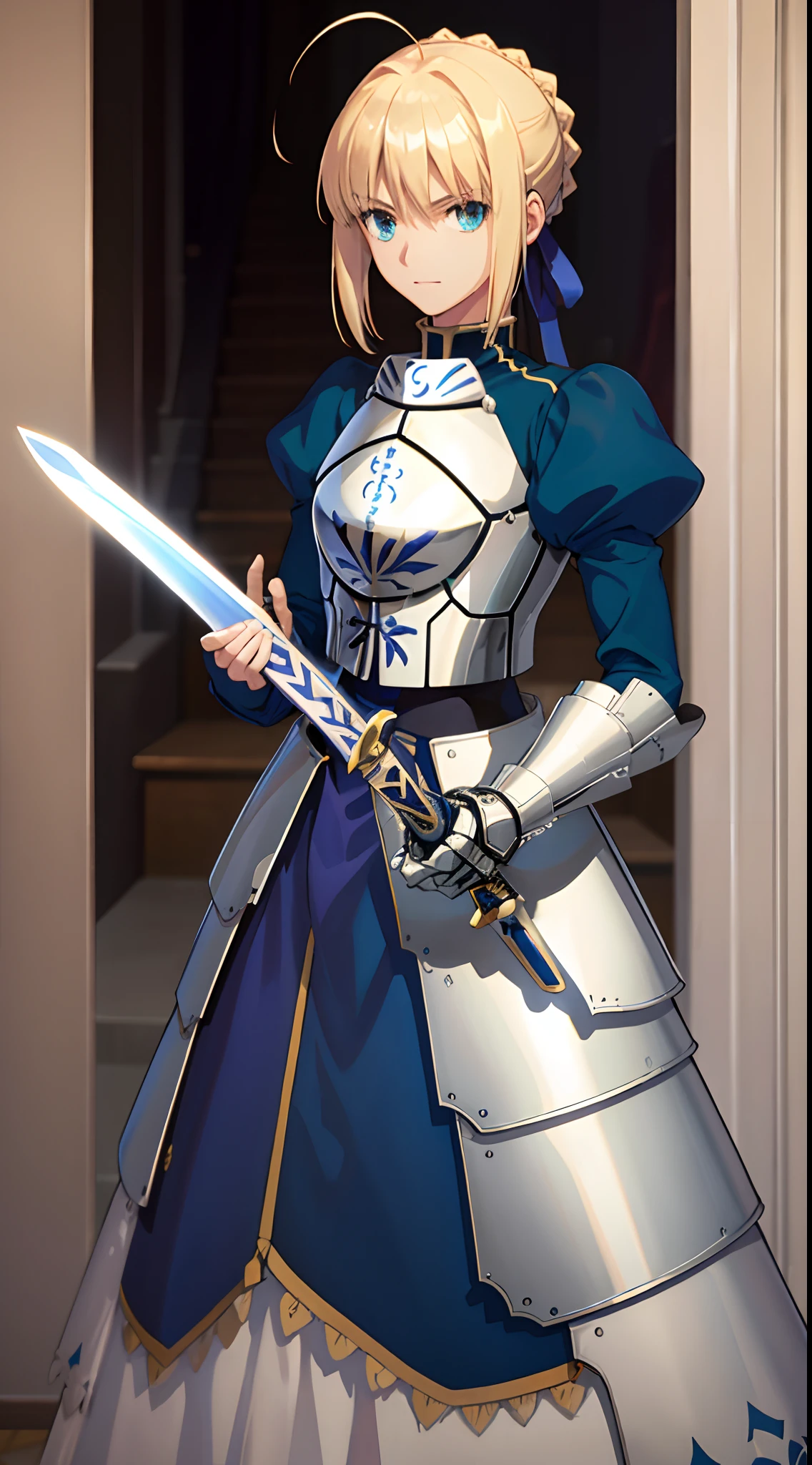 (masterpiece:1.4), (best quality:1.4), realistic, 1girl, artoria pendragon \(fate\), armor, (excalibur \(fate/stay night\), sword, holding sword:1.1)
