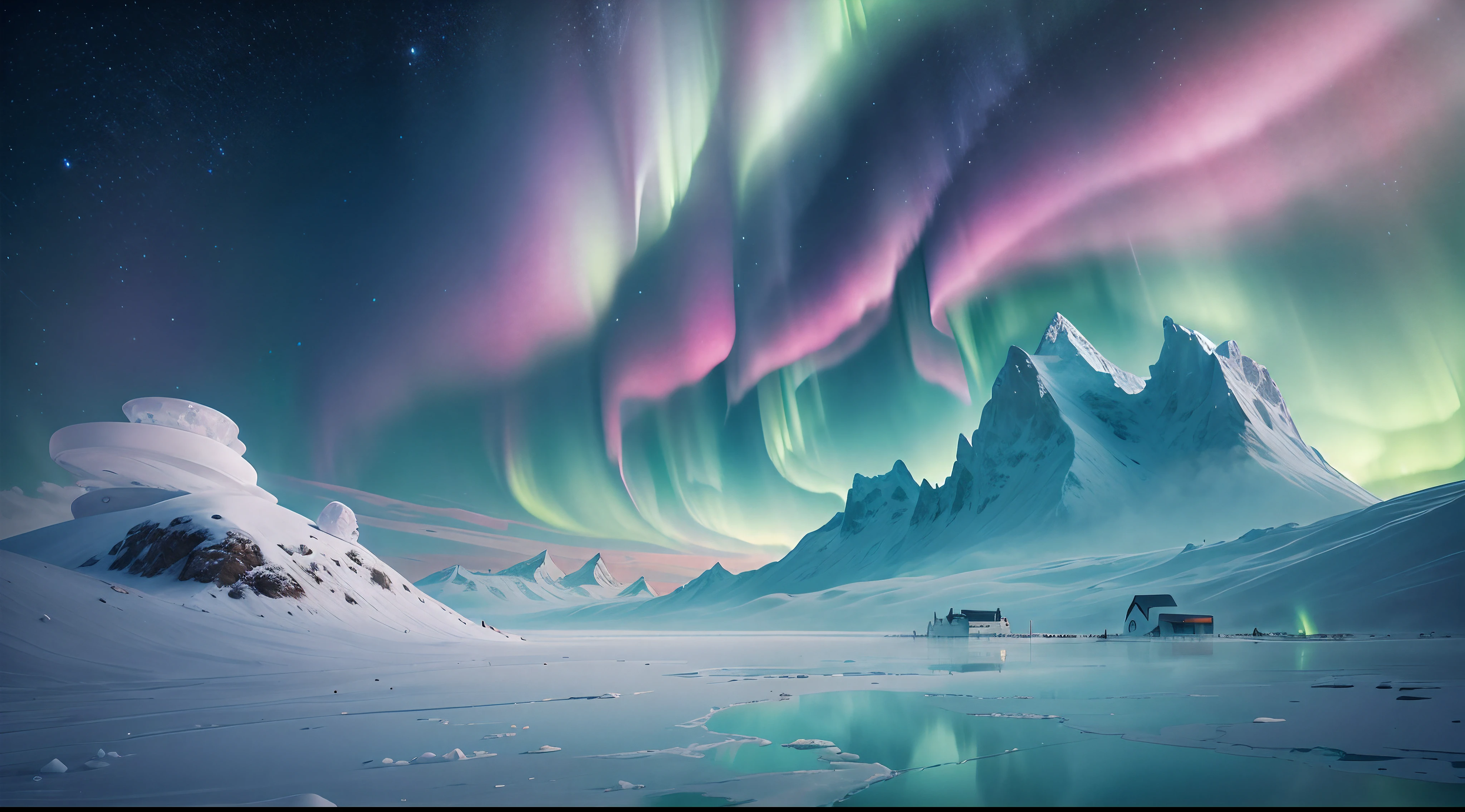 Snowy mountain landscape with fog，South Pole，aurora，snow mountains，Igloo]，Ice sculpture palace，Ice block house，Immerse yourself in the beautiful aurora，Live in the clouds of the starry sky，Behind the clouds