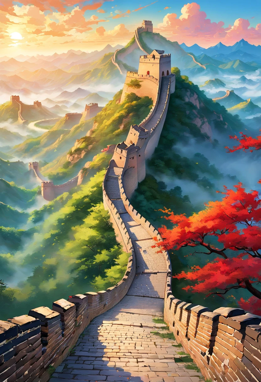 Chinese painting, Modern Chinese background, (Great wall:1.4),mountain ranges, Auspicious clouds, Pavilions, rays of sunshine, Adopt a psychedelic color scheme,hyper detailed illustration,Light red and sky blue,Imaginary landscape,psychedelic manga,Landscapes and ultra HD images,tmasterpiece, super detailing, Epic composition, hyper HD, high qulity, extremely detaile, offcial art, 统一 8k 壁纸。