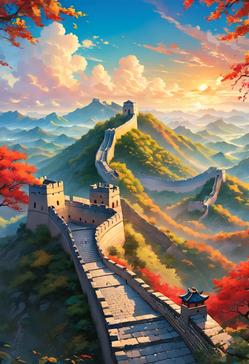 Chinese painting, Modern Chinese background, (Great wall:1.4),mountain ranges, Auspicious clouds, Pavilions, rays of sunshine, Adopt a psychedelic color scheme,hyper detailed illustration,Light red and sky blue,Imaginary landscape,psychedelic manga,Landscapes and ultra HD images,tmasterpiece, super detailing, Epic composition, hyper HD, high qulity, extremely detaile, offcial art, 统一 8k 壁纸。