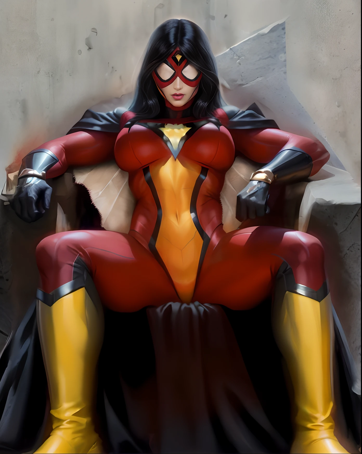 Un primer plano de una estatua de una mujer disfrazada, Spider Woman, Spiderwoman!!!!!, ( ( Spiderwoman ) ), Spiderwoman!!, Mask covering her face and eyes revealing only her nose and mouth bikini superhero bodybuilder, Mujer poderosa sentada en el espacio, Superhero pose, With red and yellow hero costume, Chris Moore. Artgerm, Retrato de la Darna moderna, Megan Fox as Spider Woman, superheroine costume