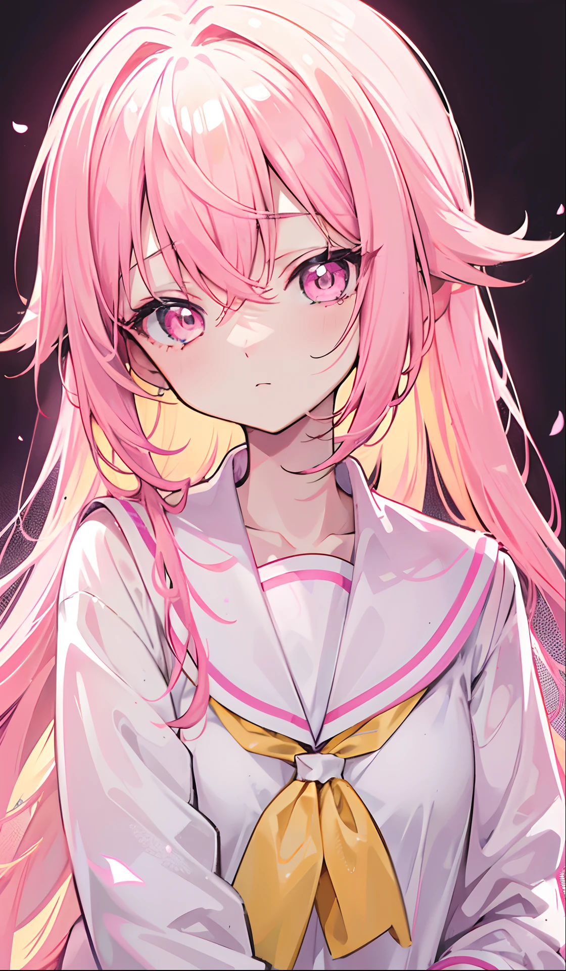 Glowing light pink yellow with hair and pupils,They are also fluorescent,A school uniform in a glowing pink, yellow and white color,Very tender and shiny face,It also fluoresces,The whole is shining,It's a sweet loli girl