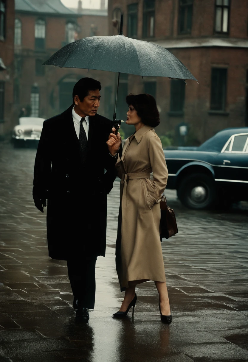 Behind Ken Takakura in a trench coat, A woman of incomparable beauty is holding a large umbrella close to Ken Takakura's back.、Rain Amsterdam、If you look closer, ((A woman threatens a man by pointing a gun at his flank))、「You are the one who killed my brother!」、Dangerous scene of the main character man、Detailed pistols(Pay attention to the direction of the handgun)、Murder Woman and Righteous Secret Agent、Detailed pistols、Detailed umbrella、Sateen、Sateen、Sateen、Best Scenes from the Movie、((phot、Photorealsitic))、
