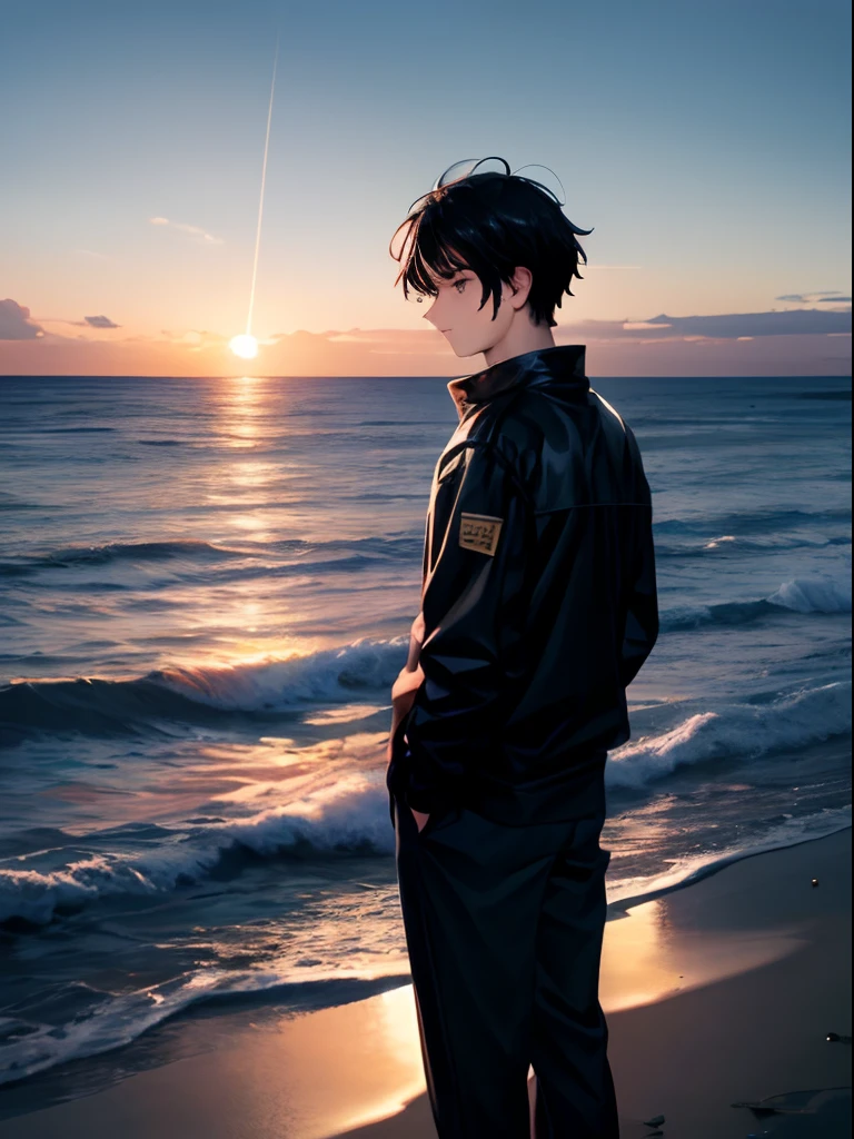 Boy, age 18,black hair, black eyes, indifferent, seascape in background, evening sky, thinking while looking at the vast sea.