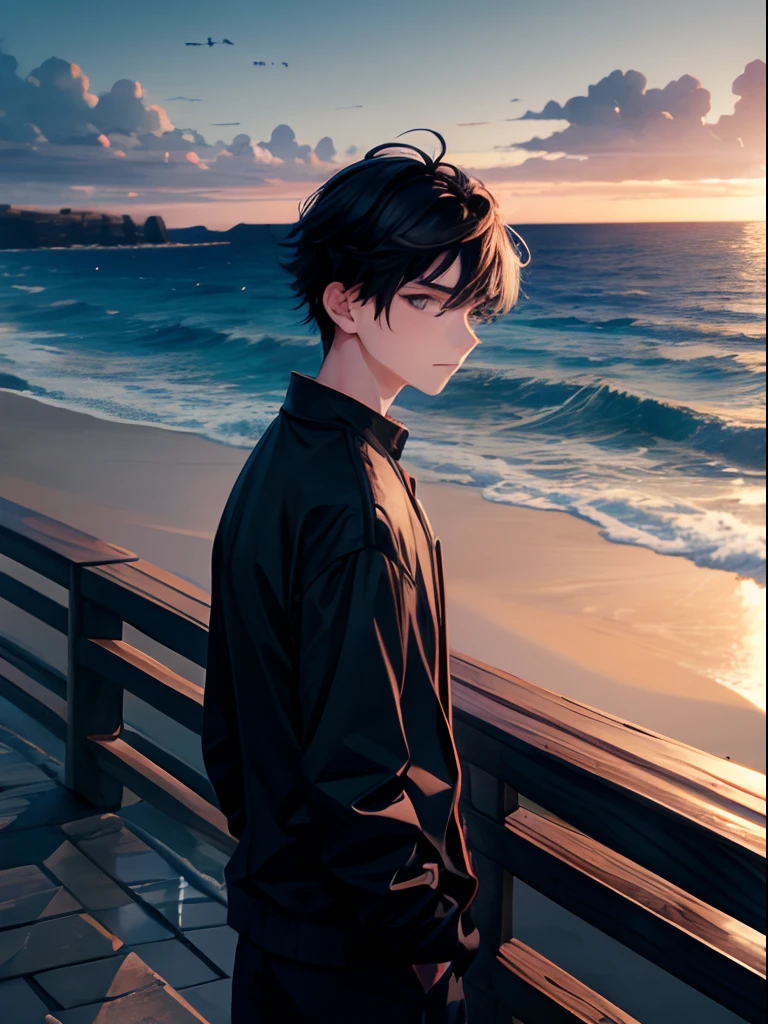 Boy, age 18,black hair, black eyes, indifferent, seascape in background, evening sky, thinking while looking at the vast sea.