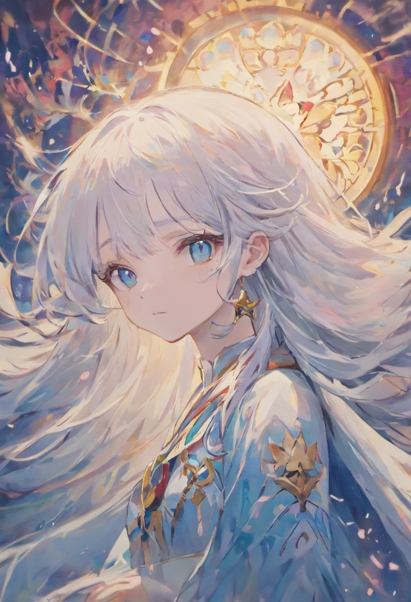 White hair ，long whitr hair，ancient wind，eBlue eyes，Blue earrings