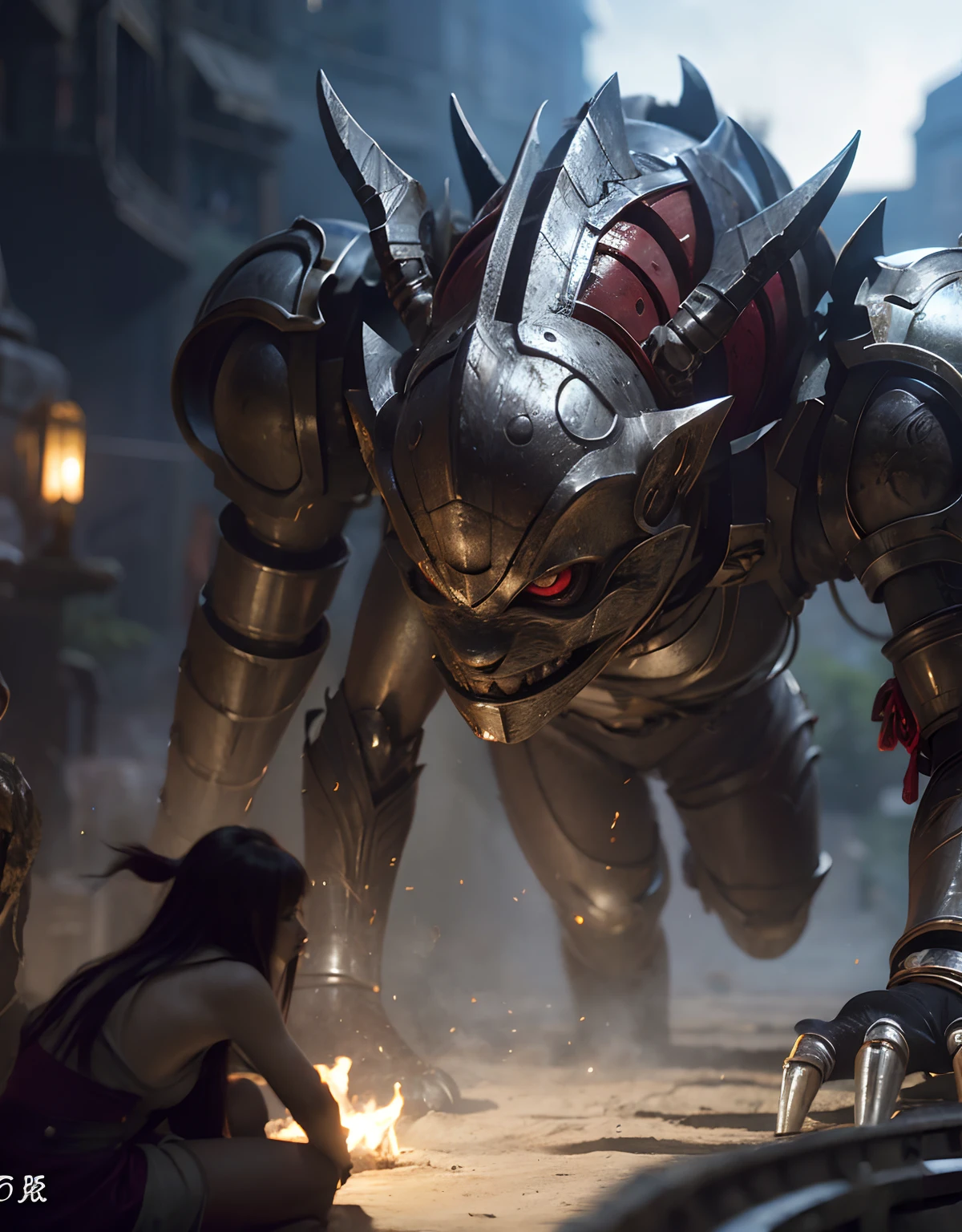 (One Knight Girl)、top-quality、​masterpiece、超A high resolution、(Photorealsitic:1.4)、Raw photo、女の子1人、Fight mutants、（Wear the Dark Knight's Armor）、glowy skin、(((Dark Fantasy)))、With a beautiful sword and shield、（Silver Metal Bodysuit）、(Kobold、ogre、Fierce battle with orcs),（Fight fiercely against aliens）、Fight fiercely、(Background of decaying dungeon ruins)、（Knight's helmet）、(Fighting Demonic Beasts)、(Small LED)、((super realistic details))、portlate、(Strong giant demon beast background),globalillumination、Shadow、octan render、8K、ultrasharp、Colossal tits、Raw skin is exposed in cleavage、metals、Details of complex ornaments、Japan details、highly intricate detail、Realistic light、(Mystical expression),CGSoation Trends、Red Eyes、radiant eyes、Facing the camera、neon details、(Mechanical limbs)、(blood vessels connected to tubes)、()、Gundam、Small LED、Toostock、（）、（Attack of the Monster Beasts）、（Wounded in a deadly battle）、