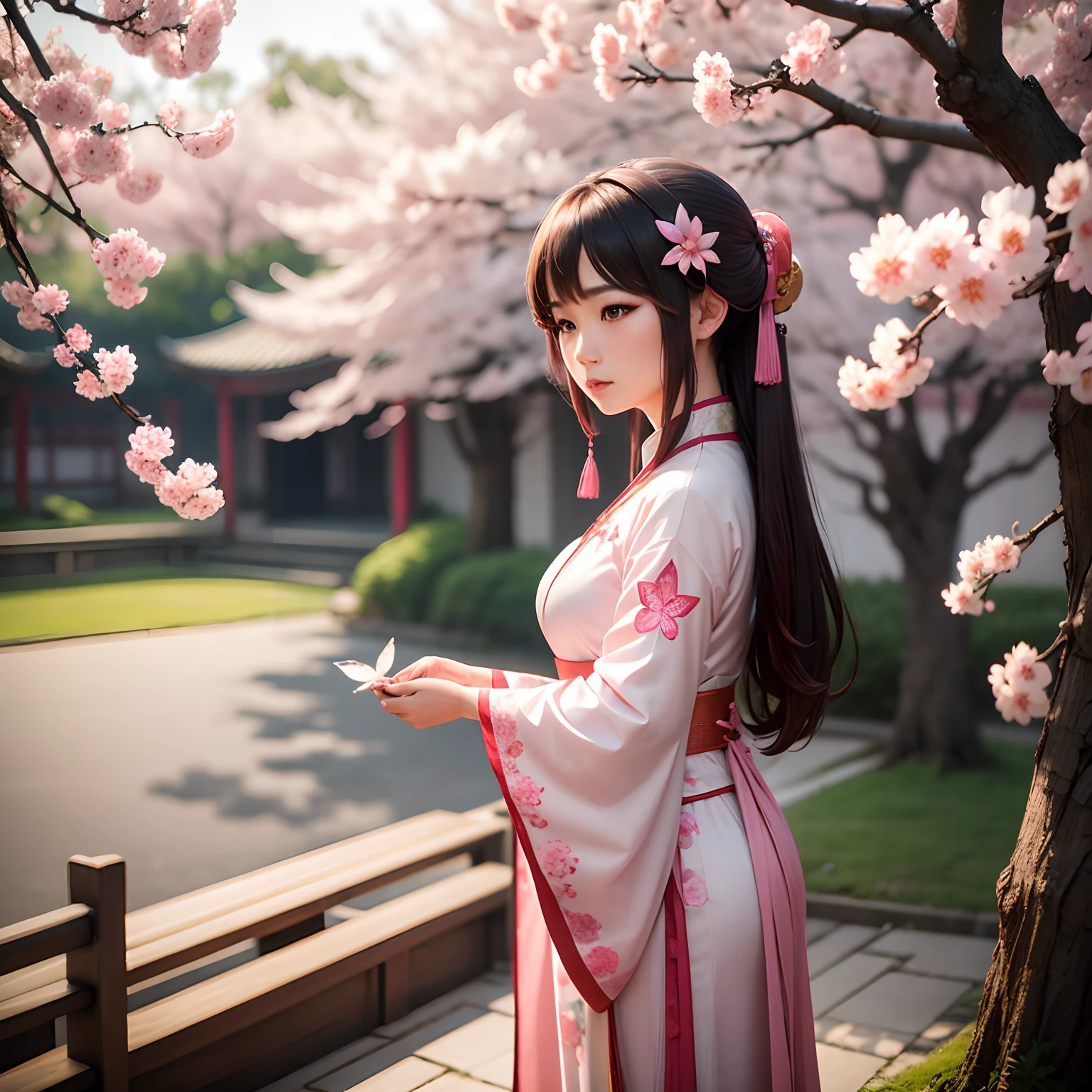 a women, Chinese, Hanfu, pink, sakura, butterfly