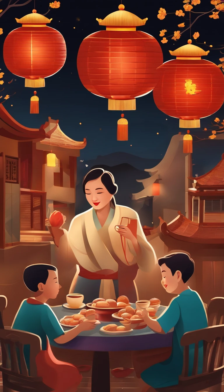 A family eats mooncakes，Men honor their parents with gifts in their hands, Happy family, There are mooncakes on the table,Gift in hand， tea drinking and paper lanterns, Another bright moon in the sky，warm and joyful atmosphere, Digital illustration, Poster illustration, ???, , digital illustrations , Chinese style painting, , exciting illustration,