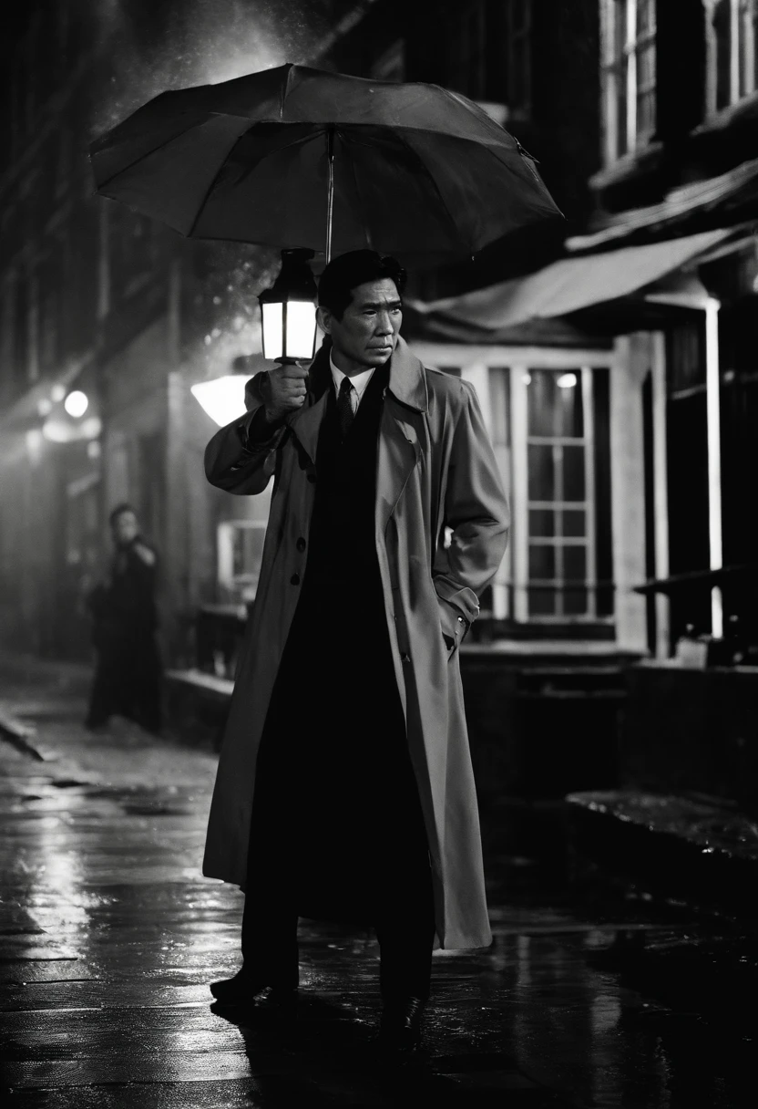 Behind Ken Takakura in a trench coat, A woman of incomparable beauty holds a large umbrella near Ken Takakura's back.、Rain Amsterdam、If you look closer, ((A woman threatens a man by pointing a gun at his flank))、「You are the one who killed my brother!」、Dangerous scene of the main character man、Detailed pistols(Pay attention to the direction of the handgun)、Murder Woman and Righteous Secret Agent、Detailed pistols、Detailed umbrella、Sateen、Sateen、Sateen、Best Scenes from the Movie、((phot、Photorealsitic))、
