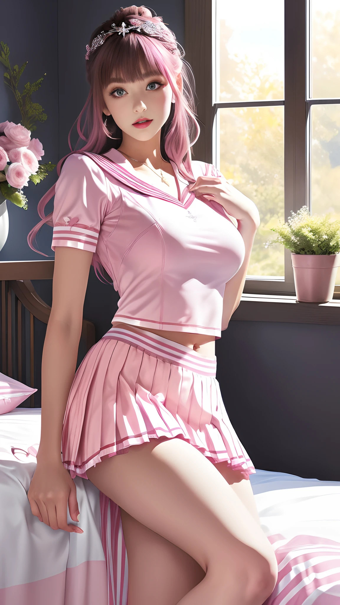 Beautiful illustration、top-quality、 s、Bedroom、A pink-haired、length hair、(((Pink pleated skirt)))、(((pink sailor suit)))、shortsleeves、Colossal tits、a navel、Flipping up the skirt with your hands、Show white panties、Pull up your skirt and show your panties、bare-legged、blue eyess、on the beds、lovely thighs、glowing thigh、Show Bello、Show below、Velo out