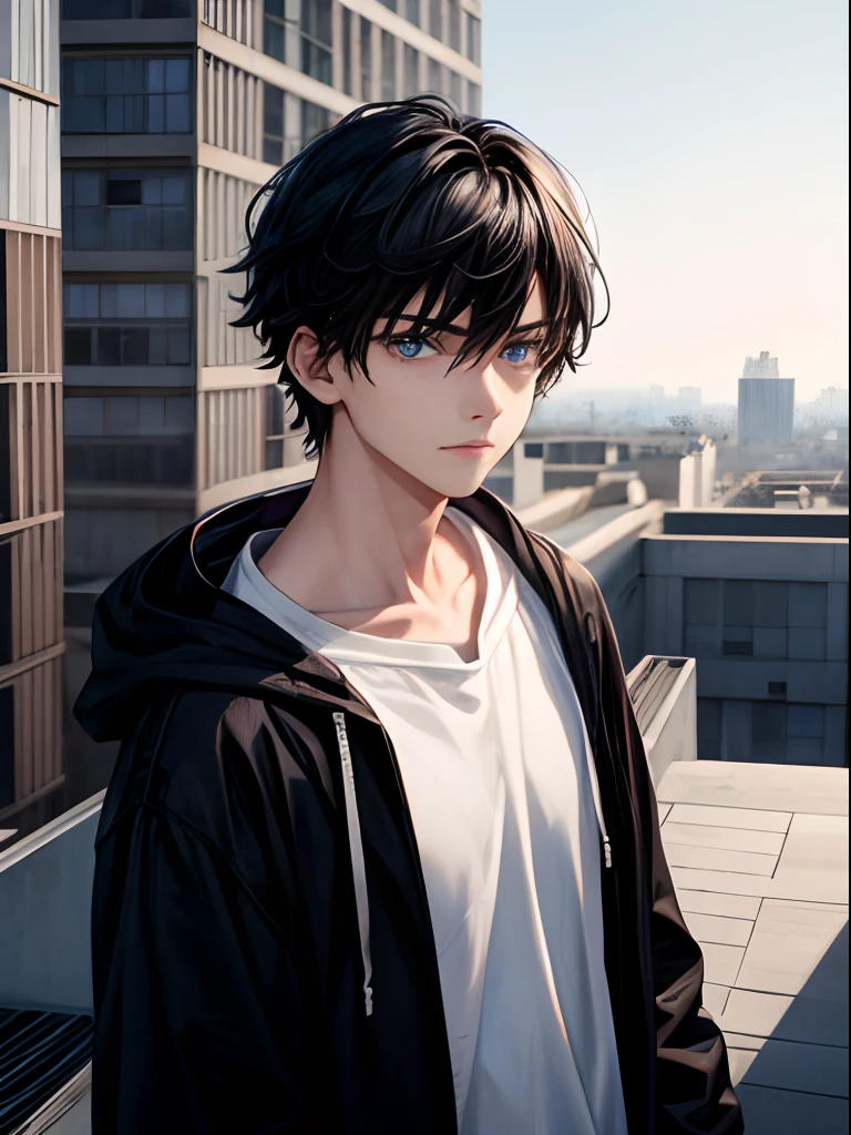 18 years old, boy, black hair, blue eyes, white tshirt and black hoodie, indifferent, standing on a rooftop