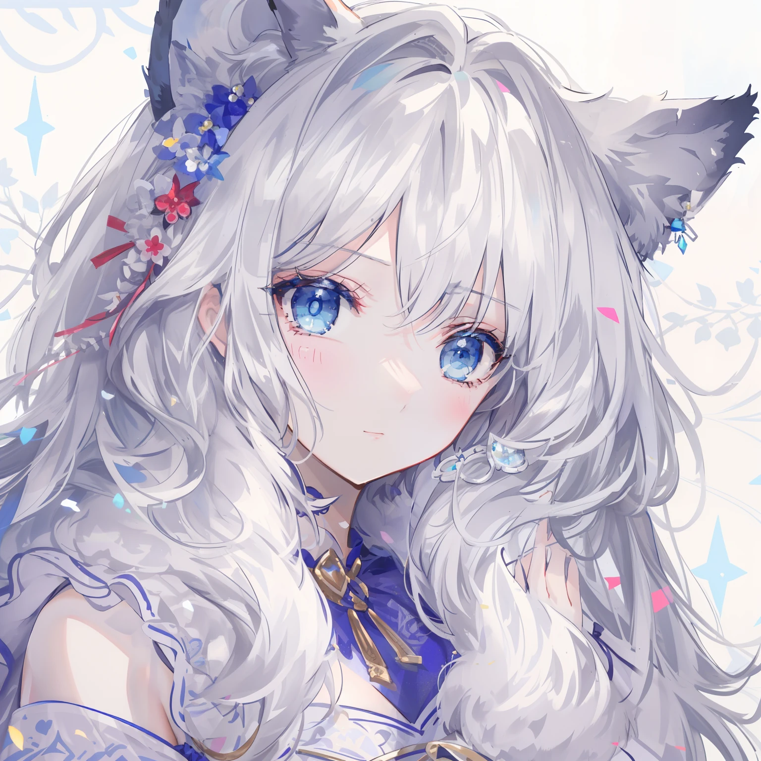 （tmasterpiece）， （best qualtiy）， （1 rapariga））， astounding， beatiful detailed eyes， finely detailled， depth of fields， Original， （（best qualtiy））， （（ultra-detailliert））， （Most Best Illustration）， （best illuminate， Best shadow）， （Very fine and beautiful））， Very detailed wallpaper， Dream background， sideface，Put your hands behind your back，scenecy， Young girls，There are cat ears on the head， Lori huge breasts cleavage， full bodyesbian， Short white hair， （（（blue color eyes））， beatiful detailed eyes， mediuml breasts， （（（Cobalt long skirt））， Fluffy long sleeves， hair adornments， choker necklace， Winters， optic， Light makeup， exteriors， Blushlush， at the lakes， Look into the distance，sideface