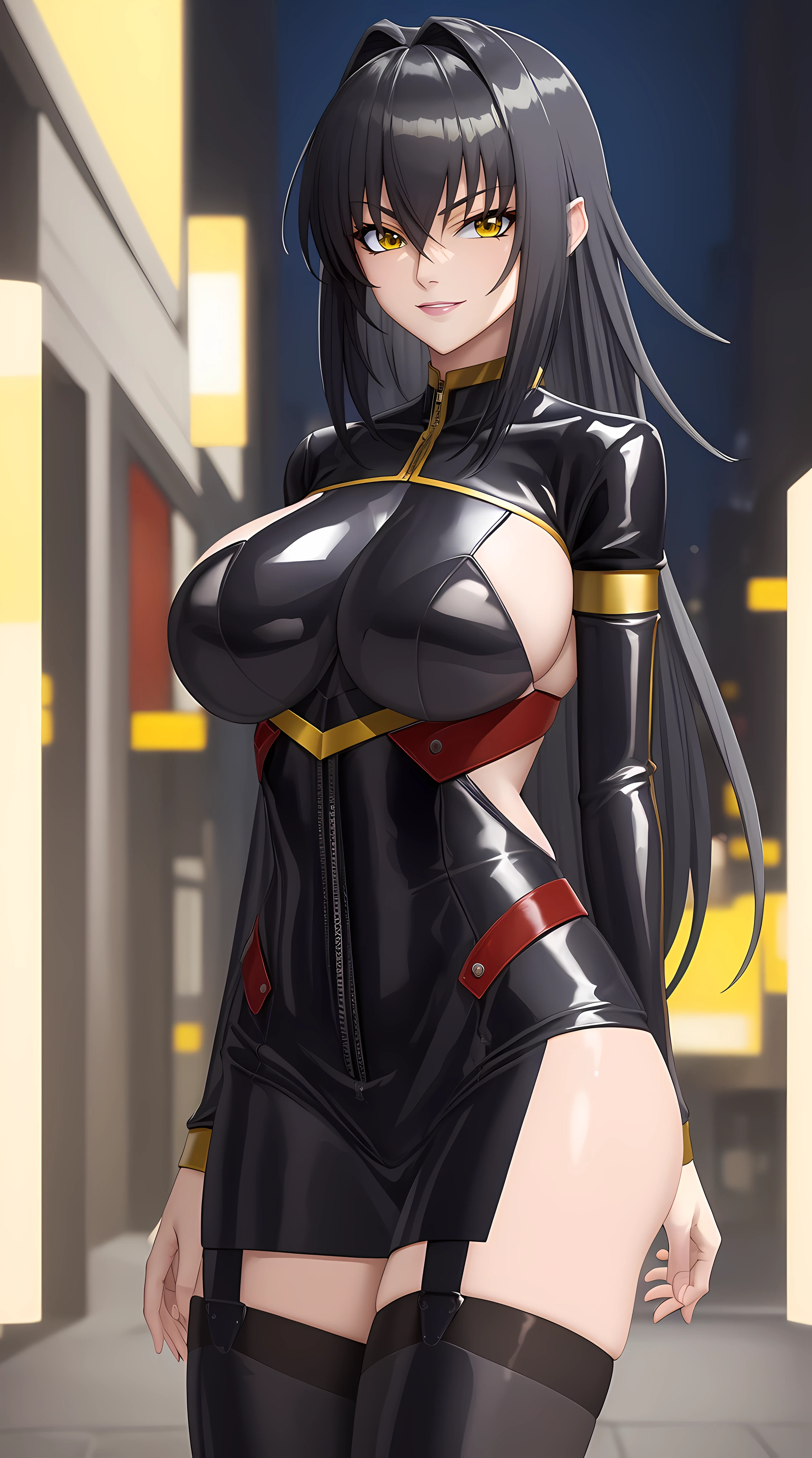 (masterpiece:1.4),(best quality:1.4), beautiful face, beautiful eyes, 1girl, solo, female mature, black hair, long hair, (yellow eyes), large breasts, black latex suit, ((night vibe background)), hair intakes, exquisite eyes detail, exquisite character design details 8k HDR, professional art, landscape, (solo:1.5, 1girl:1.4, cowboy shot:1.5), milf, 35 years old girl, seductive, (looking at viewer, smug), Annerose