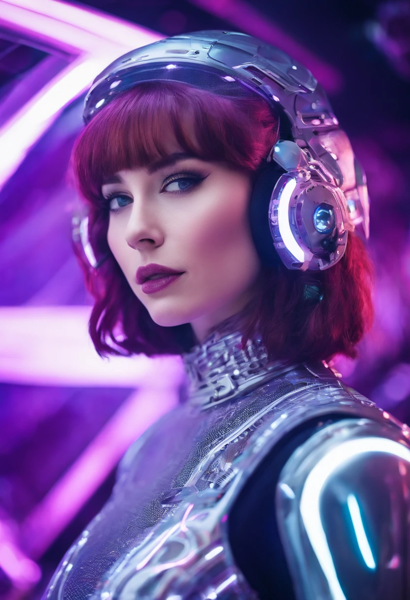 high quality portrait, RAW photo of young English woman, Lt Ellis UFO TV series, purple hair bangs, 60s style, retro, silver mesh top, futuristic silver make up, brightly lit moon base command centre background, cumputer boards and communications consoles, natural pale skin texture, interior, cinematic, short depth of field, intricate, elegant, detailed textures, sharp focus, movie scene, full colors, incredibly detailed, 4k, 8k,