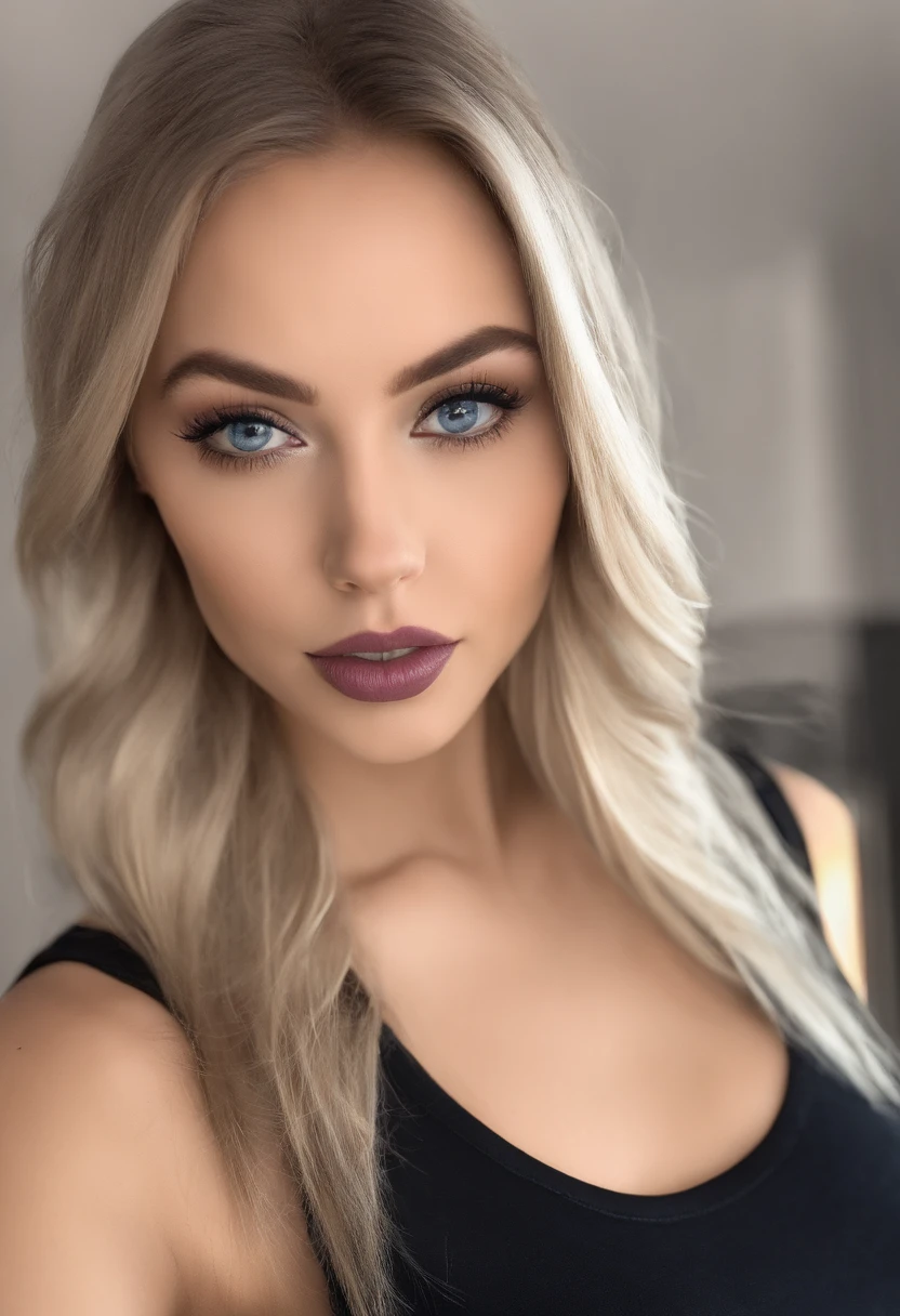Woman with matching tank top and panties, Sexy girl with blue eyes, portrait sophie mudd, portrait corinna kopf, blonde hair and large eyes, Selfie einer jungen Frau, Augen im club Violet Myers, ohne Make-up, Natural makeup, Blick direkt in die Kamera, Gesicht mit Artgram, dezentes Make-up, Stunning full body shot, im Schlafzimmer, Spaltung