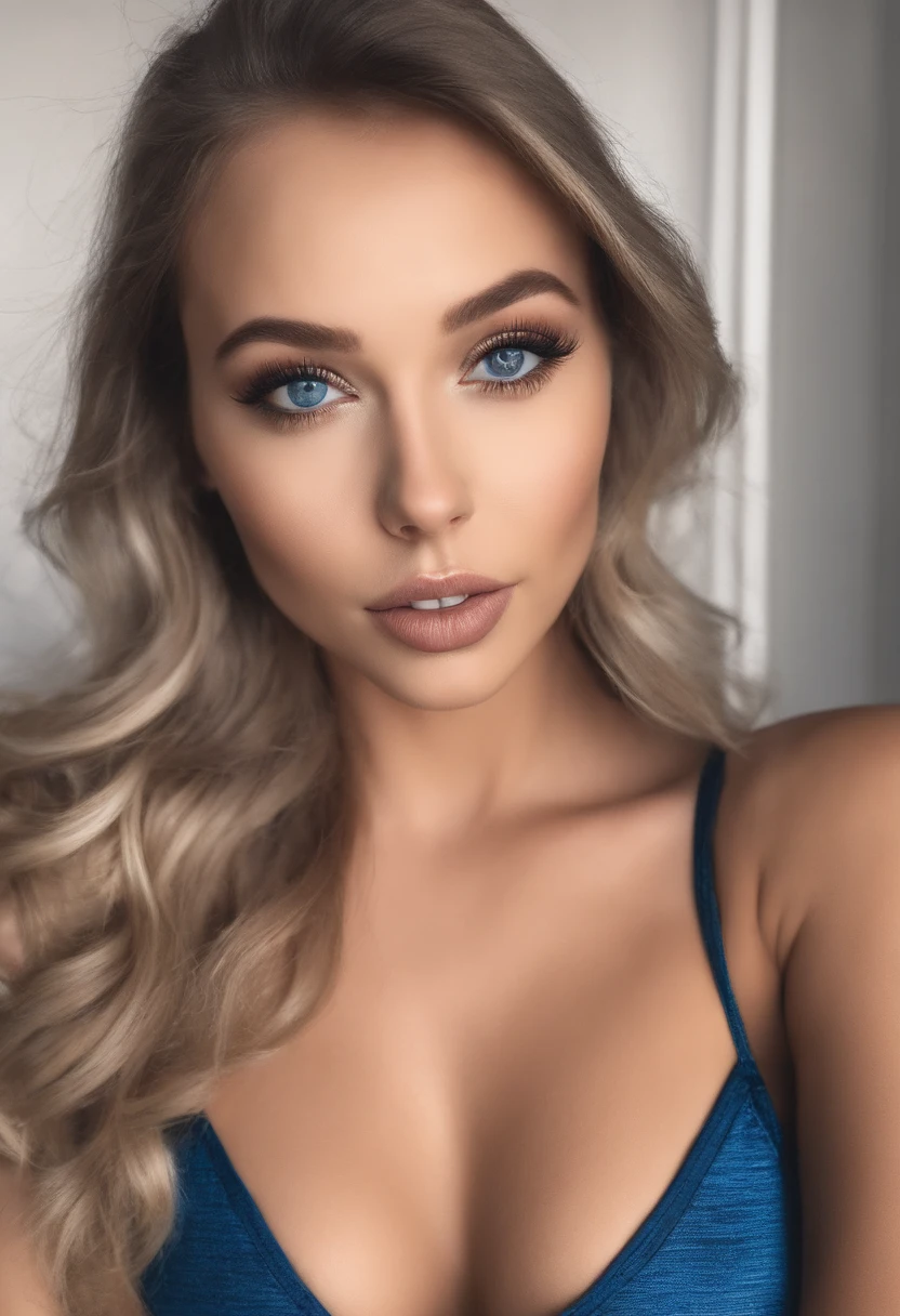 Woman with matching tank top and panties, Sexy girl with blue eyes, portrait sophie mudd, portrait corinna kopf, blonde hair and large eyes, Selfie einer jungen Frau, Augen im club Violet Myers, ohne Make-up, Natural makeup, Blick direkt in die Kamera, Gesicht mit Artgram, dezentes Make-up, Stunning full body shot, im Schlafzimmer, Spaltung