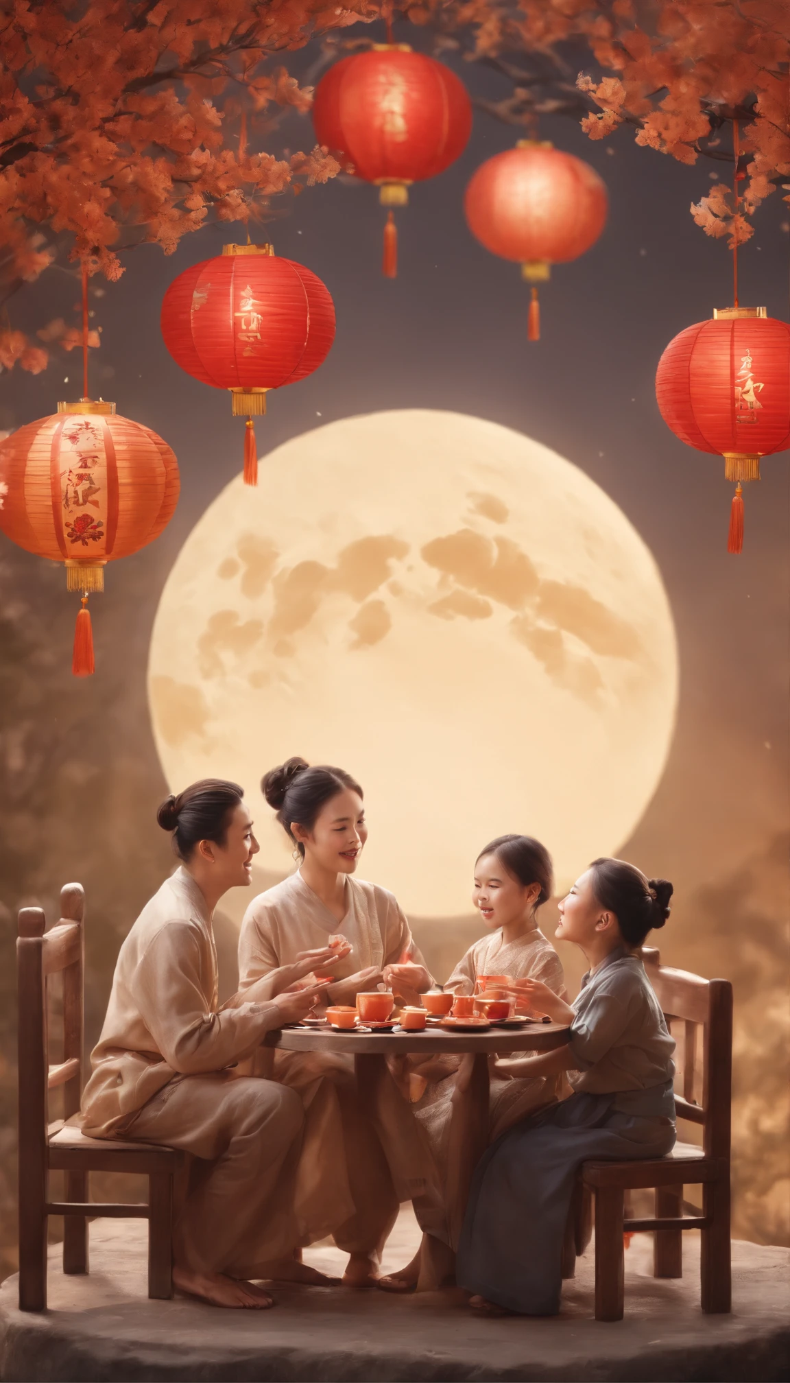 A family eats mooncakes，Men honor their parents with gifts in their hands, Happy family, There are mooncakes on the table,Gift in hand， tea drinking and paper lanterns, Another bright moon in the sky，warm and joyful atmosphere, Digital illustration, Poster illustration, , , digital illustrations , Chinese style painting, , exciting illustration,