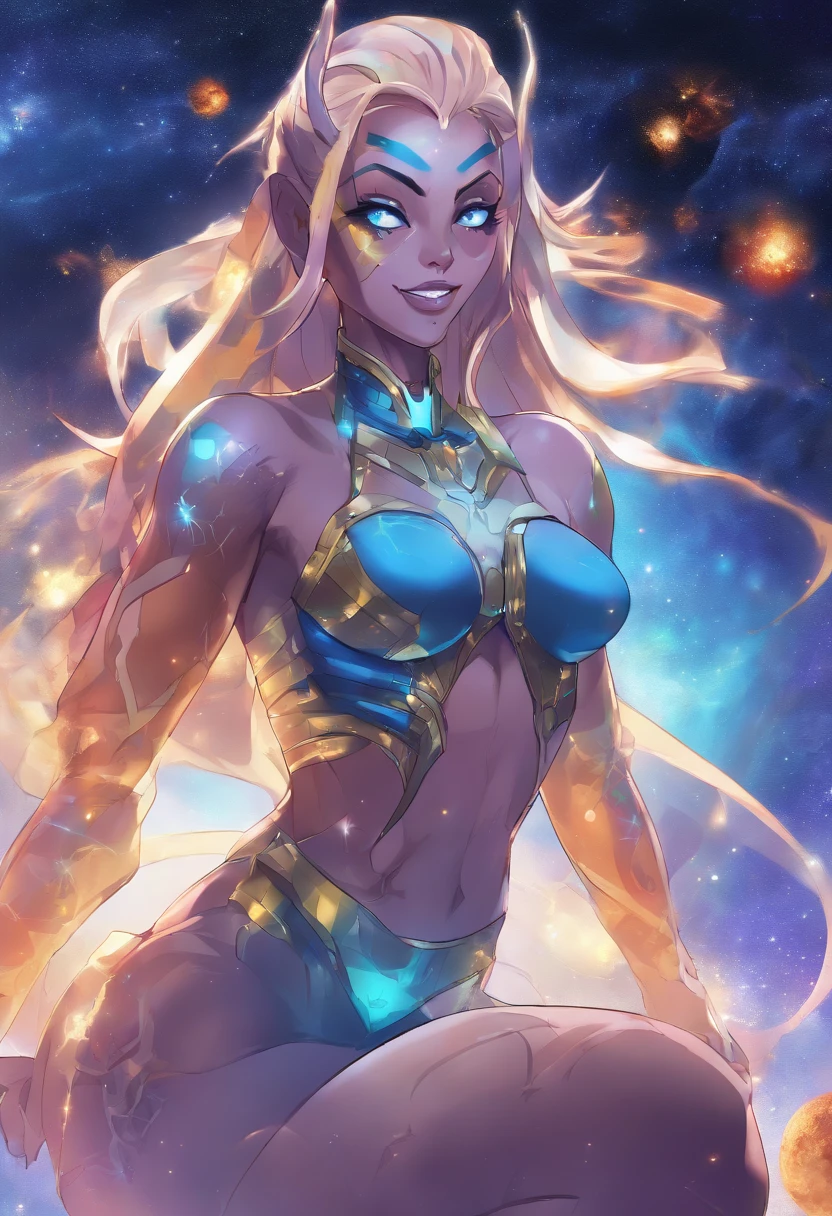 ((masterpiece,best quality)), absurdres, Vados_DB, solo, ponytail, blue skin, looking at viewer, smile, stars and space in background, cinematic composition, naked, full body, lying, sexy, pussy