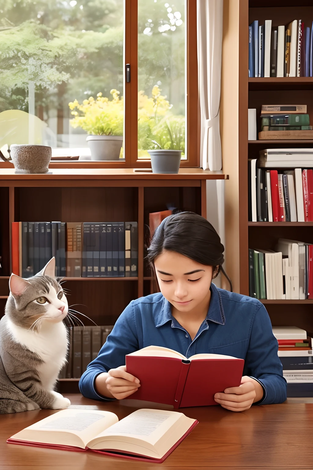 A university student studies history in a cozy studio,There is a cute cat and pet dog