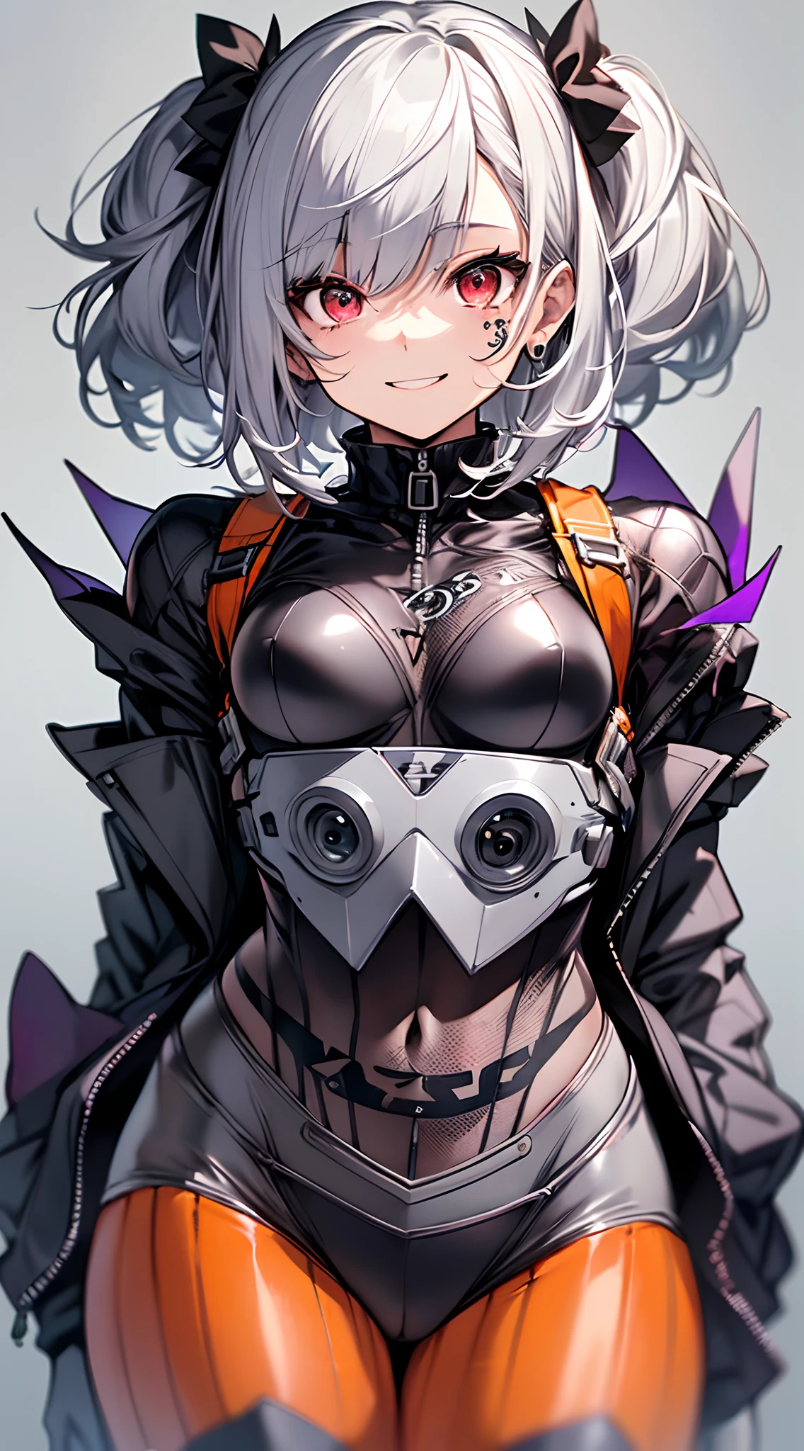 top-quality、Top image quality、in 8K,4K,masterpiece、(NSFW:1.2)、ultra-detailliert、Beautiful、ultra-quality、cute little、girl with(((18year old、Halloween Style Costumes:1.3、Rubber Suit 1:3、Bust 78、silber hair、a short bob、Red Eyes、erotick:1.4、Happiness、The tattoo)))、hiquality、visualart、Background with((Halloween 1.2))、masutepiece