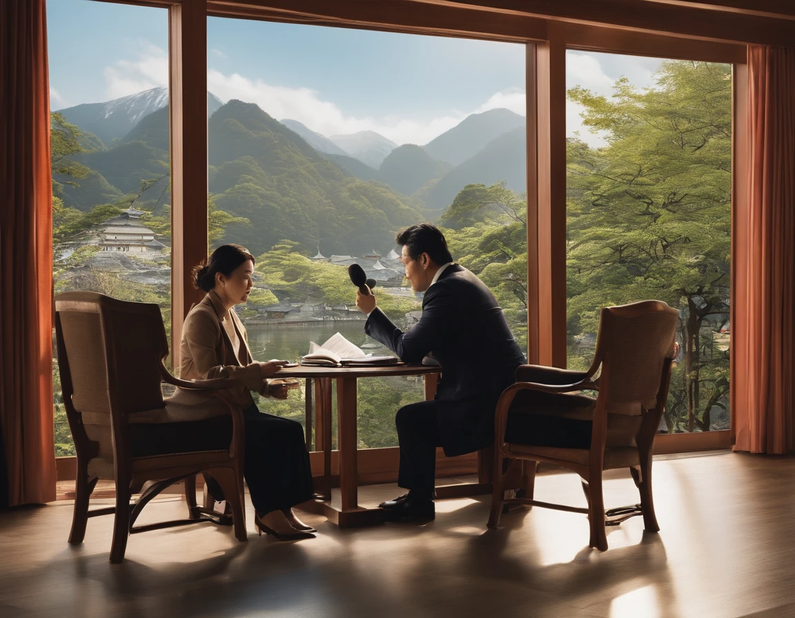 Image of the interview。A scene in which a reporter interviews a subject and takes notes。There are Japan people
