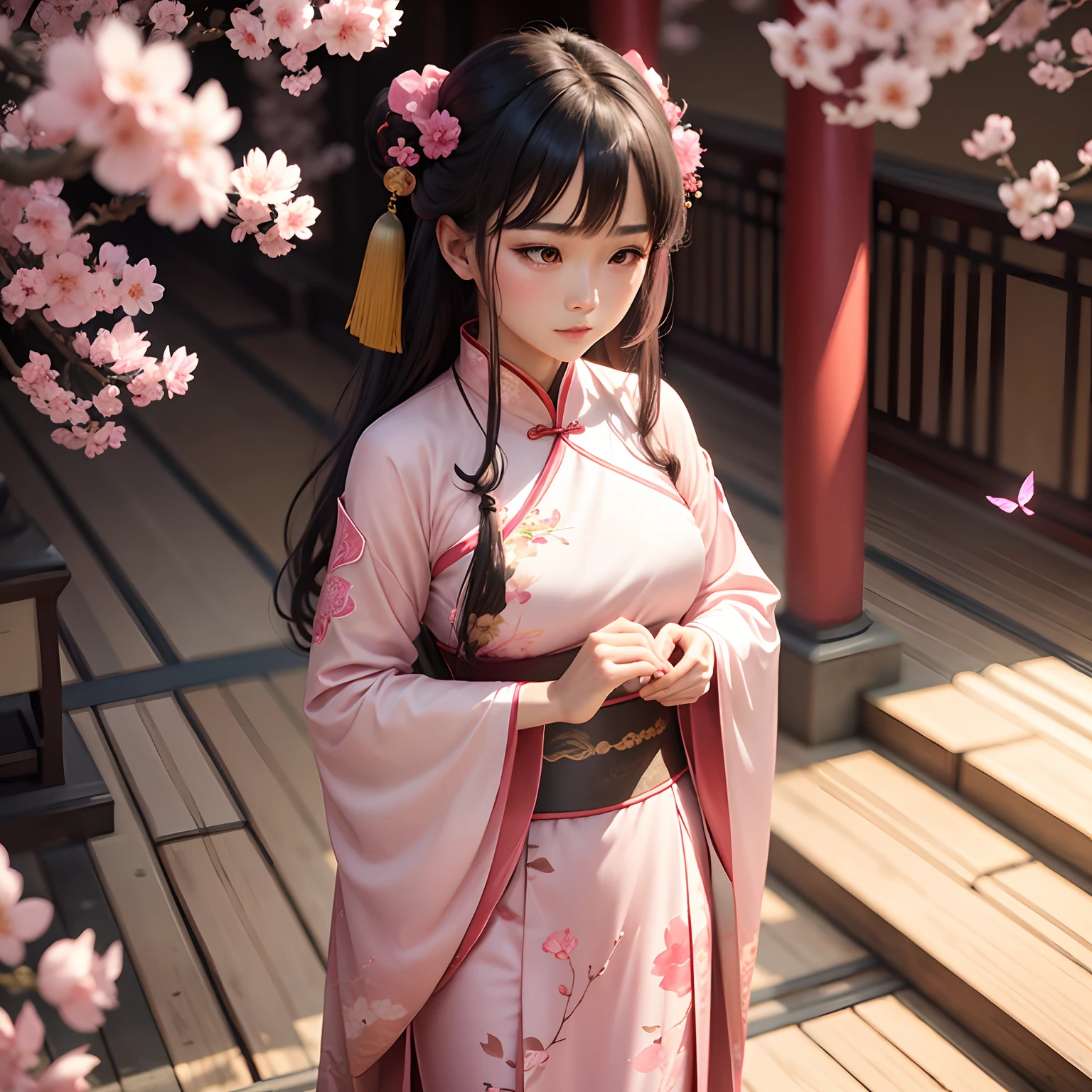 a women, Chinese, Hanfu, pink, sakura, butterfly