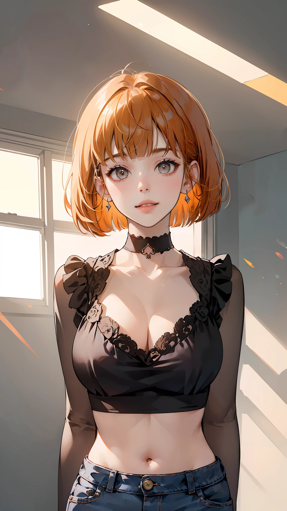 (masterpiece, best quality, (1girl:1.5), solo, intricate details, chromatic aberration), ((short wavy hair, bangs, (black eyes: 1.5), blunt bangs, orange hair, bob cut)), small earrings, sharp eyes, choker, (huge breasts: 1.2), cleavage, light smile, parted lips, (black crop top, thin material, jean shorts), open waist, (symmetry eyes), (perfect symmetrical body), night, (((natural light))), backlighting, against grey wall, look at viewer, (((centered shot, from front, face and waist))),