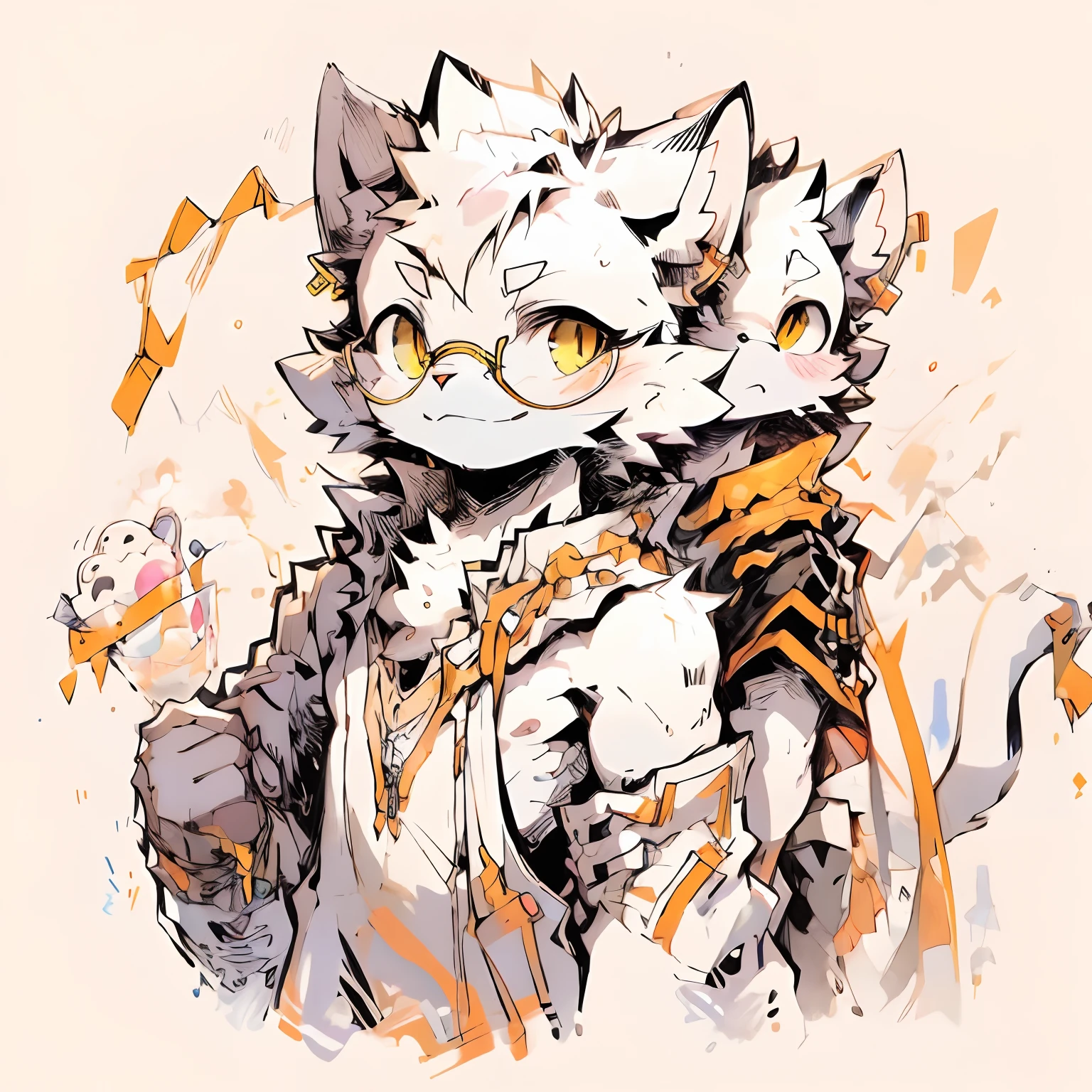 hairy chest,Male cats,Black and white fur,Golden eyes,Wearing gold wire glasses, hugs