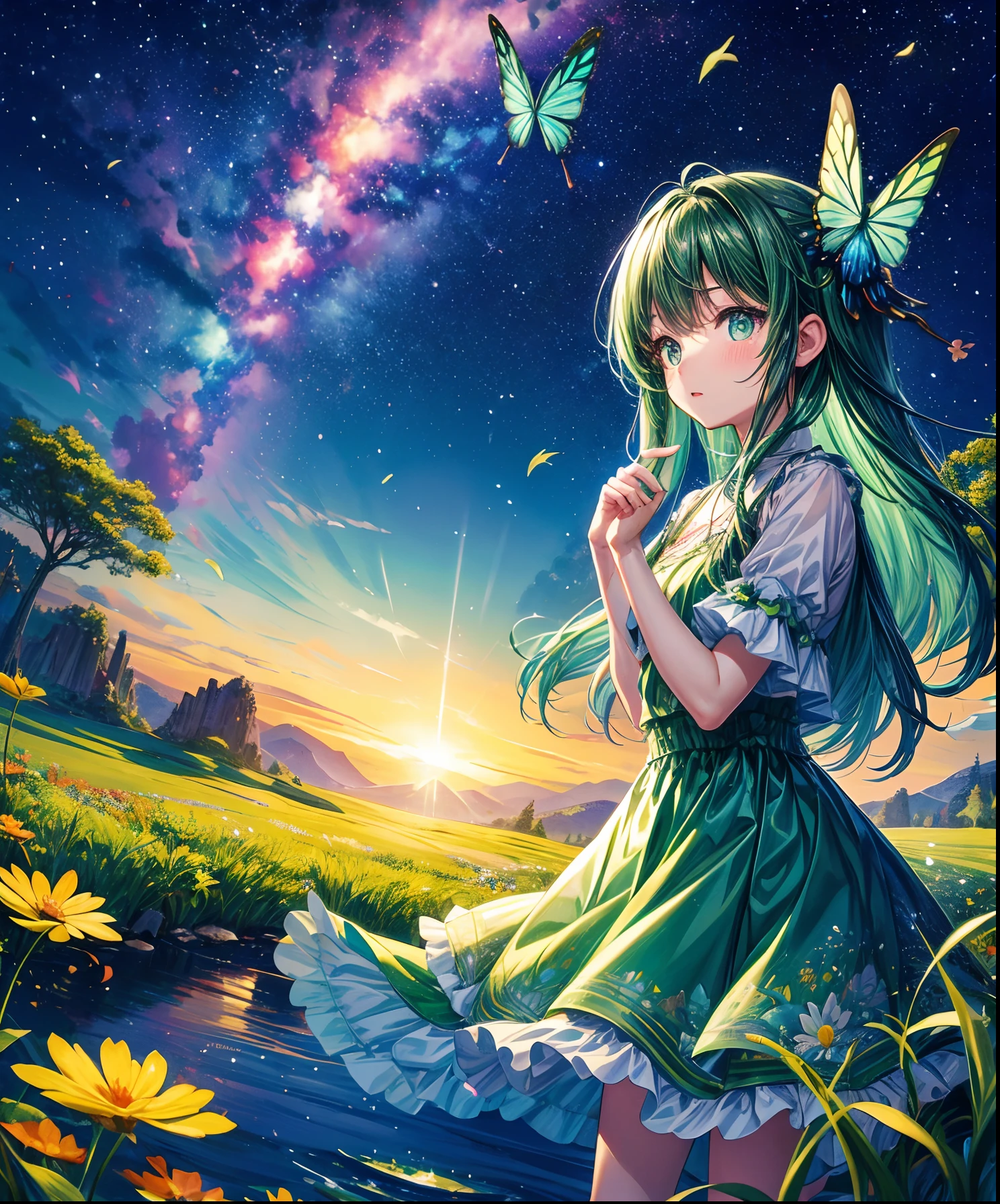 Cute girl characters、green grass々Depicts a butterfly flying over the water, Looking up at the starry sky. Surround her with colorful nebulae and colorful forests.