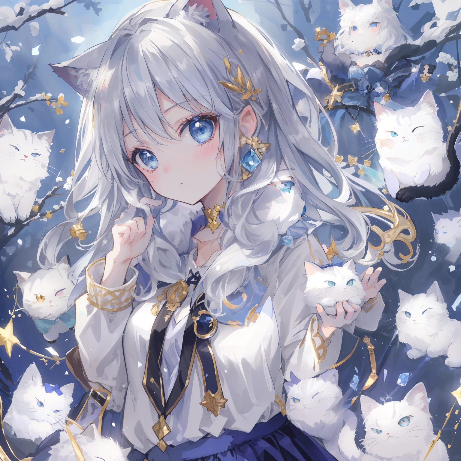 （tmasterpiece）， （best qualtiy）， （1 rapariga））， astounding， beatiful detailed eyes， finely detailled， depth of fields， Original， （（best qualtiy））， （（ultra-detailliert））， （Most Best Illustration）， （best illuminate， Best shadow）， （Very fine and beautiful））， Very detailed wallpaper， Dream background， sideface，Put your hands behind your back，scenecy， Young girls，There are cat ears on the head， Lori huge breasts cleavage， full bodyesbian， Short white hair， （（（blue color eyes））， beatiful detailed eyes， mediuml breasts， （（（Cobalt long skirt））， Fluffy long sleeves， hair adornments， choker necklace， Winters， optic， Light makeup， exteriors， Blushlush， at the lakes， Look into the distance，sideface