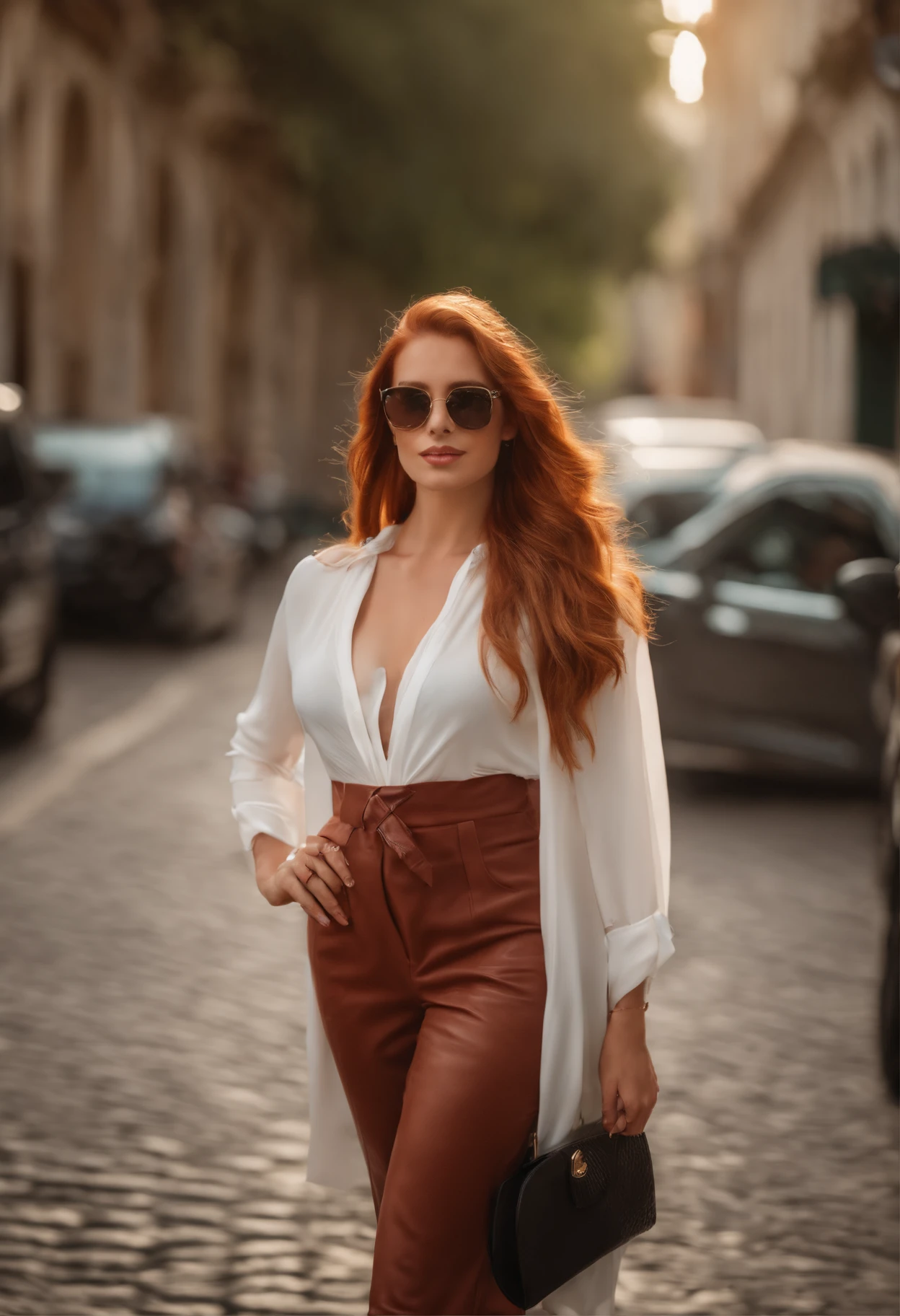profissional, (4K Photo:1.1) (foco nítido:1.3), High detail, Usando (camisa apertada:1.2), Rosto bonito e detalhado, An attractive woman with long red hair looks into the camera, parecendo a atriz Katherine McNamara, Panasonic Lumix S Pro 50mm F/1.4, , foto realista, (mulher jovem atraente:1.3), (sedutor:1.1), (Corar:1.1), Forma do corpo da ampulheta, seios grandes e redondos, t-topo andando pelo centro de uma grande cidade com roupas e joias de mulher rica