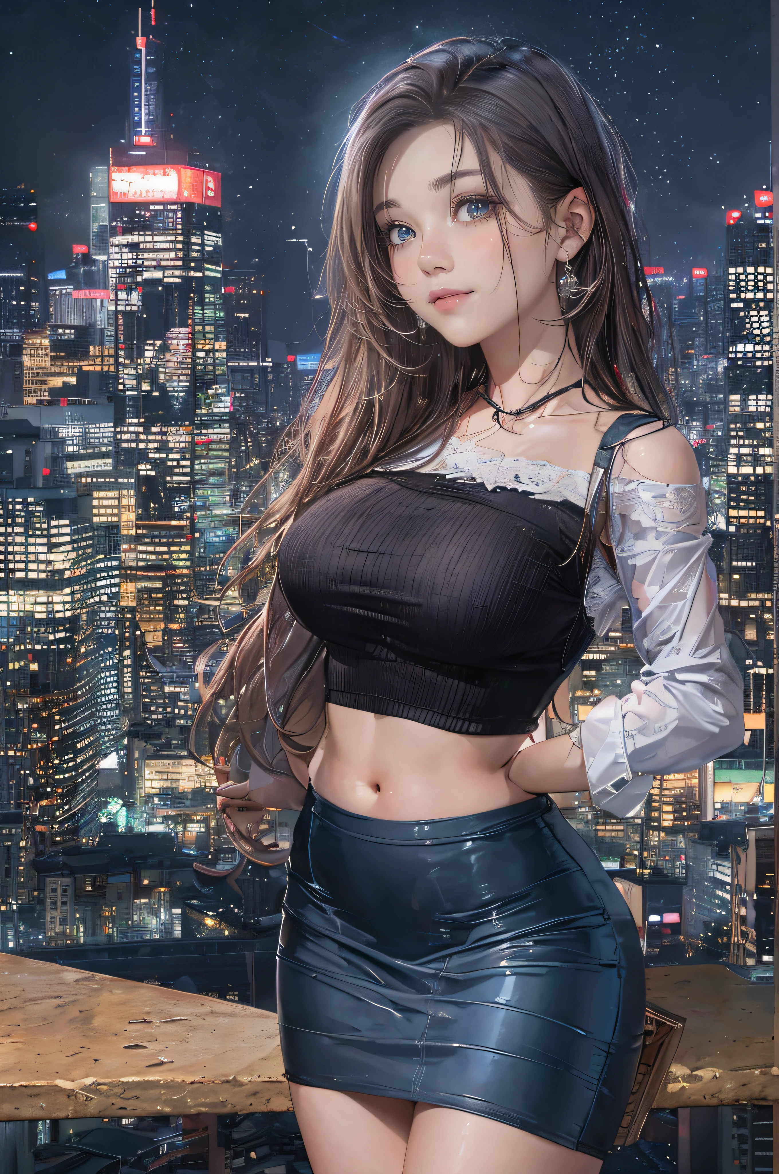 ((A beautiful and cute woman is changing her clothes)), ((A 22-year-old beauty)), ((A shy smile)), ((Long shiny hair)), ((A plump bust)), ((Miniskirt)), ((Blouse)), ((Gradient eyes)), ((The background is a night view of the city)), Attractive makeup, Single view, NFFSW, UHD, Retina, Masterpiece, Accurate, Anatomically, Scientifically Correct, Textured Skin, Super Detail, High Detail, High Quality, Award Winning, Top Quality, High Resolution, 1080P, HD, 4K, 8k, 16k