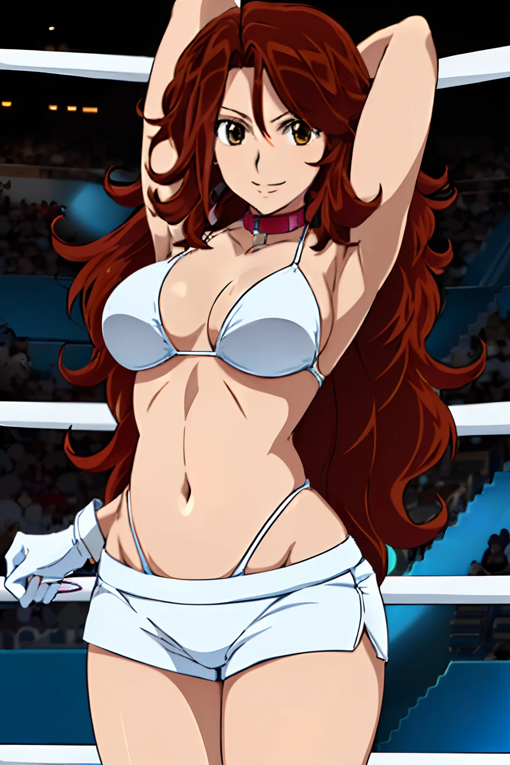 cowboy shot, body view, anime style: 1.8, anime drawing, ultra detailed face, ultra detailed body, 4k, Sumergai Lee Noriega, (standing), best quality, anime style, hires, highest definition, digital blending, bold drawing lines, ((slim waist, female wrestler), (location: wrestling arena, crowds watching), ( slim body, , little biceps, thighs, off-shoulders, (curvy: 2.8)), ((white bikini, shorts, groin, , white gloves, collar)), victorious, winner, , (big breasts, smile), (big eyes, brown eyes), (clapping), (brown hair, loose hair, curly hair, wavy hair, long hair, missy hair), 27 years old, (give up pose)