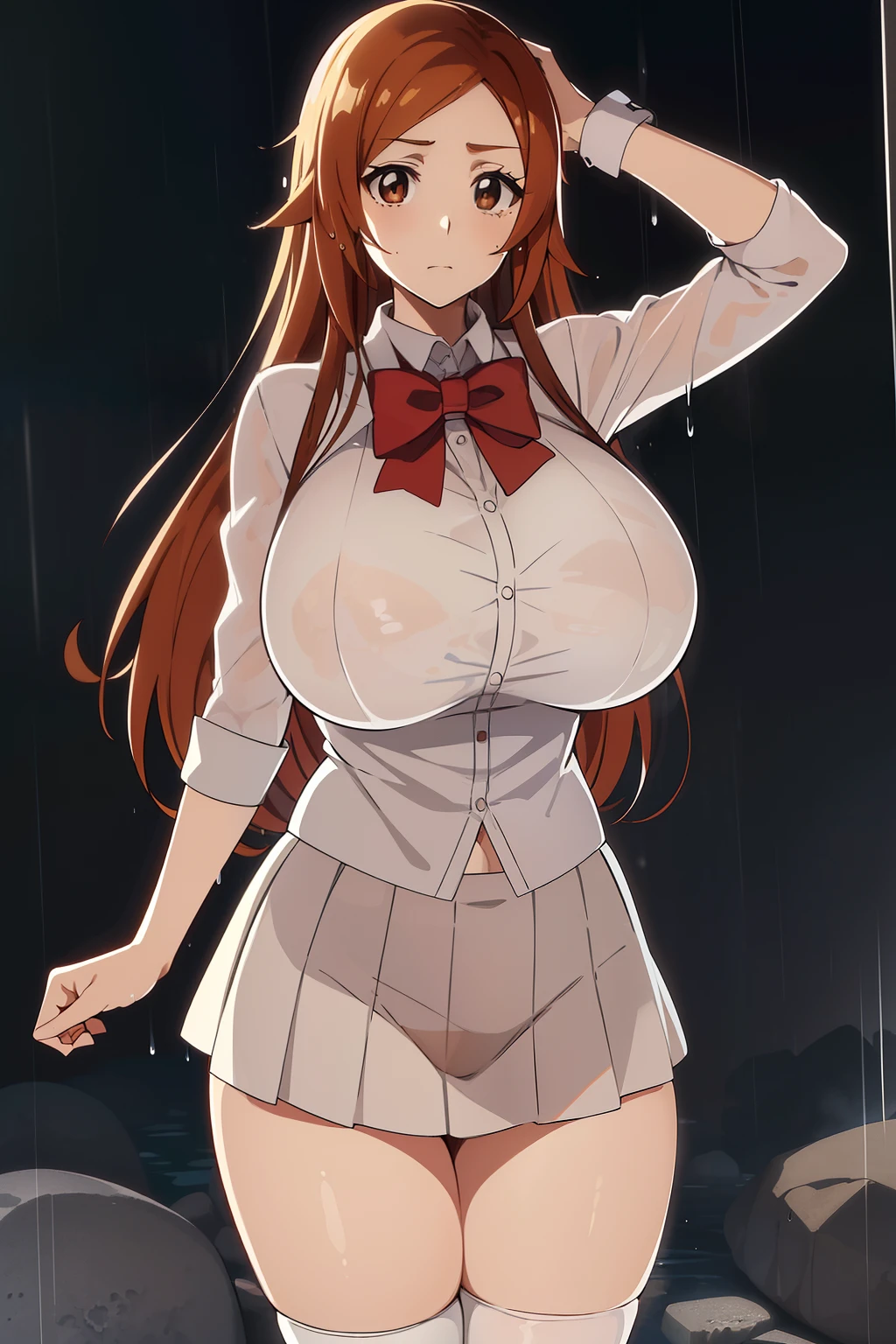 inoue orihime, inoue orihime, Long hair, Orange hair, (Brown eyes:1.5), Take off your uniform, bow ribbon, Neck ribbon, Bow, bowtie, Red bow, White collared shirt, looking at the viewers, BREAK (masutepiece:1.2), Best Quality, High resolution, Unity 8k壁纸, (Illustration:0.8), (Beautiful detailed eyes:1.6), extra detailed face, Perfect Lighting, extremely details CG, (Perfect hands, Perfect Anatomy),(Detailed ultra-oily shiny skin:1.1)、oily shiny thighhigh、(rain is falling:1.4)、The shirt is wet and see-through、The body is dripping wet、The skirt is wet、Good woman dripping water、(Bra with shirt showing through:1.3)、plein air、outside of house、(huge-breasted:1.3), (爆乳:1.3)、is standing、huge long breasts,, Very heavy rain、drenching、cowboy shot、red blush、(Skirt lift:1.3), (white panties:1.3)、(Skirt that rolls up:1.3)、(Fully exposed panties:1.5)