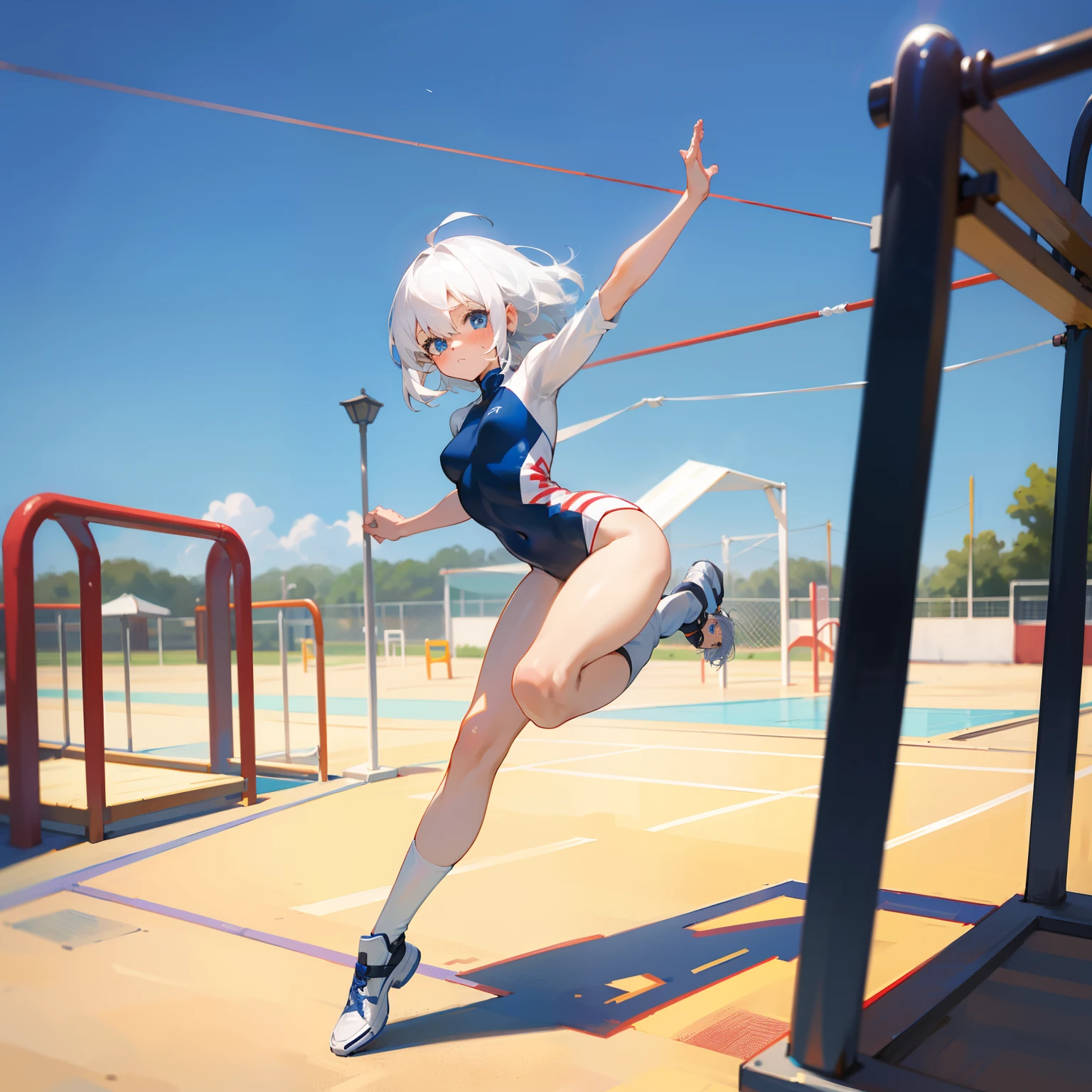 girl with,full body Esbian,White hair,e Blue Eyes,,Shy,,(()),Medium Hair,gymnastic suit,Run on the playground,Hair in one eye,