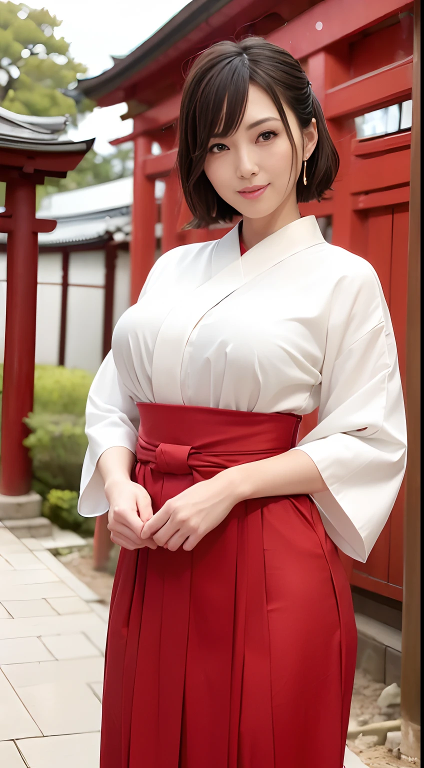 ((top-quality、8k、masterpiece:1.3)), The upper part of the body, long legged, foco nítido:1.2, Beautiful woman with perfect body shape:1.4, Slender Abs:1.1, The background is the torii gate of the shrine, ((short-cut、爆乳:1.2)), (Wearing white attire, Wearing red hakama, Miko-san, Huge breasts, Slender and toned hips, Soft looking big buttocks, Standing in front of the torii gate and watching the viewers while laughing:1.2), Highly detailed facial and skin texture, A detailed eye, 二重まぶた, a 25yo woman, Mature woman, Smiling expression