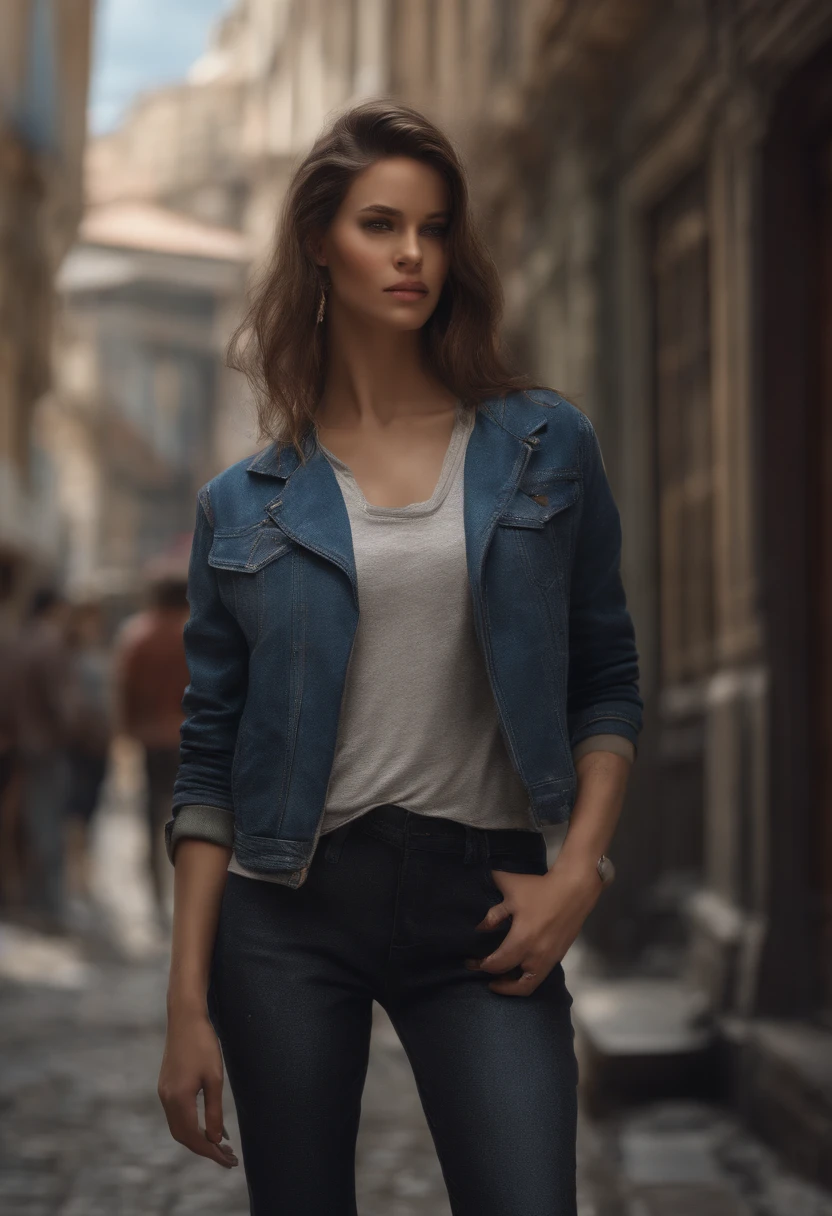 photo of extremely sexy (AM190_Brigitte:0.99), a woman as a sexy student, ((closeup portrait:1.3)), modelshoot style, (extremely detailed CG unity 8k wallpaper), photo of the most beautiful artwork in the world, professional majestic oil painting by Ed Blinkey, Atey Ghailan, Studio Ghibli, by Jeremy Mann, Greg Manchess, Antonio Moro, trending on ArtStation, trending on CGSociety, Intricate, High Detail, Sharp focus, dramatic, photorealistic painting art by midjourney and greg rutkowski, (blue t-shirt:1.2), (leather jacket), (jeans), ((city slums)), (looking at viewer:1.2), (detailed pupils:1.3), clear background