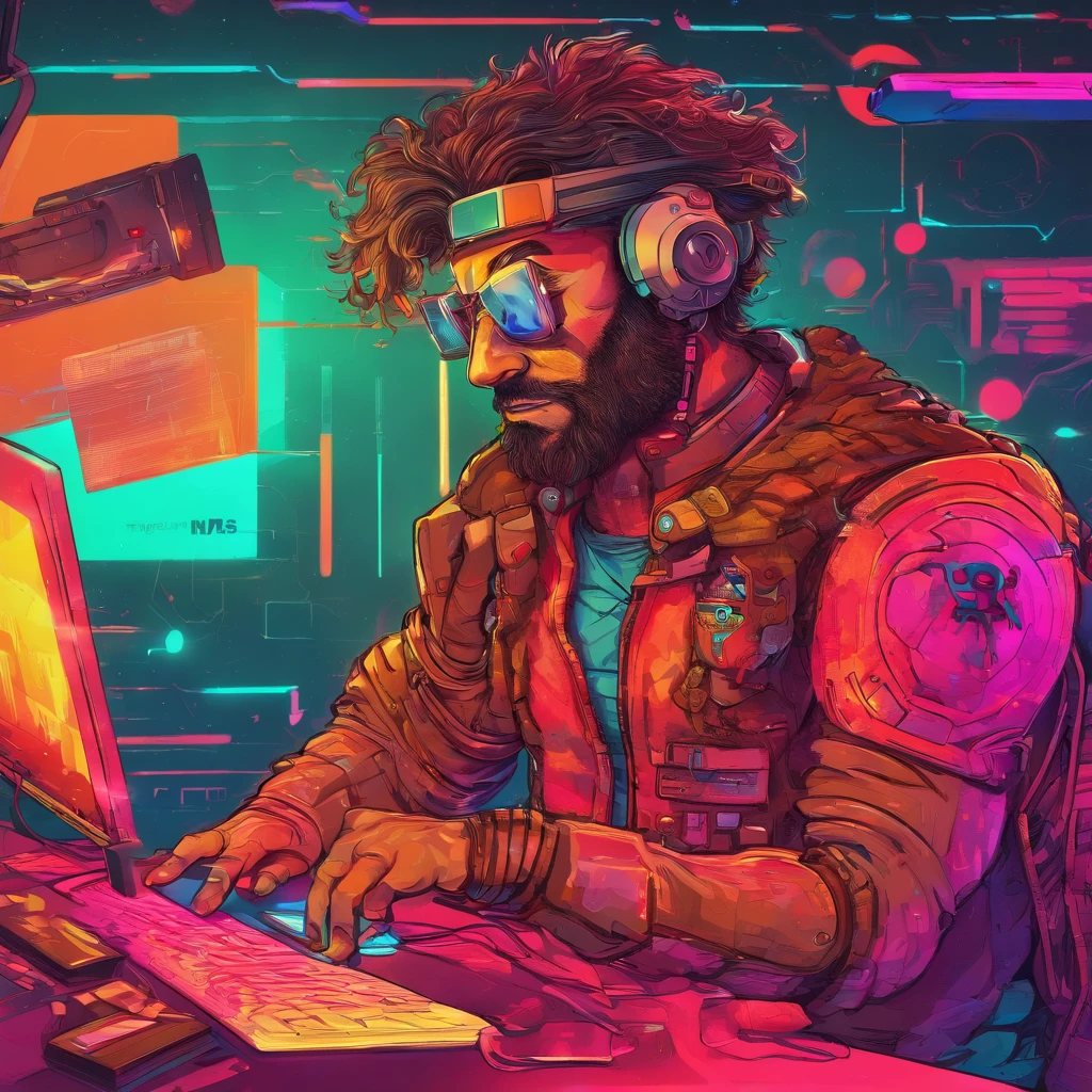 Artista homem, careca com barba grisalha e rala, de 45 anos, pele bronzeada - pintando na tela de um notebook futurista - moderno - estilo cyberpunk - tom azul escuro no contexto da imagem, e luzes laranjas e led vermelho ao fundo