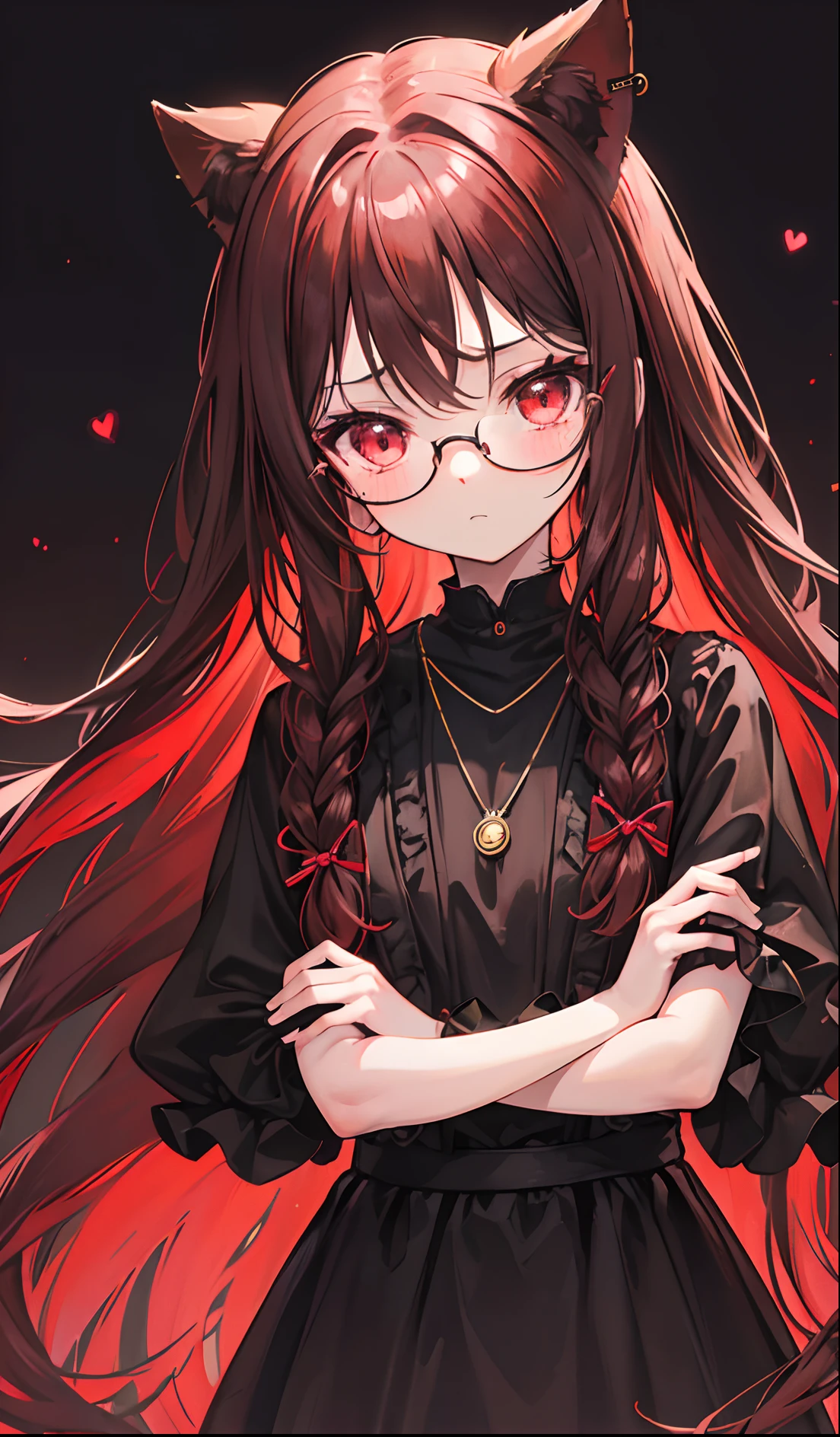 Reddish glow-brown braided hair,With thick black-framed glasses,The eyes are very affectionately glowing with fluorescence,With a cute black ring necklace,Lolita clothes in brown and red colors,Glowing,The face is shiny, super tender and shiny,is a petite cute little sweet girl,Fluorescent overall,Delicate little loli little sweet girl