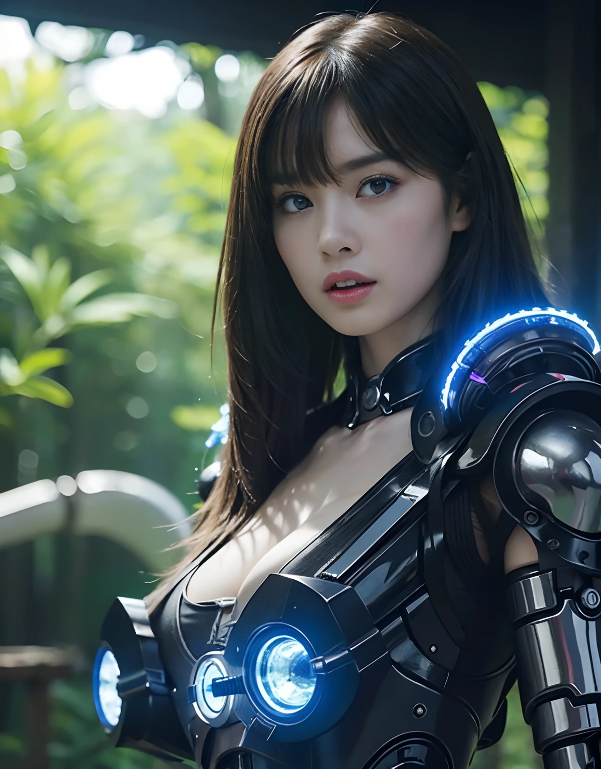 (1 Mechanical Girl)、top-quality、masterpiece、超A high resolution、(Photorealsitic:1.4)、Raw photo、1人、Golden hair、glowy skin、(((1 Mechanical Girl)))、With a beautiful knife、(Blue Metal Bodysuit)、(beautiful forest background)、(Fighting Demonic Beasts)、(Small LED)、((super realistic details))、portlate、globalillumination、Shadow、octan render、8K、ultrasharp、Colossal tits、Raw skin is exposed in cleavage、metals、Details of complex ornaments、Japan details、highly intricate detail、Realistic light、CGSoation Trends、Red Eyes、radiant eyes、Facing the camera、neon details、(Mechanical limbs)、(blood vessels connected to tubes)、Mechanical vertebrae attached to the back、mechanical cervical attaching to neck、(Wires and cables connecting to the head)、Gundam、Small LED、,Mechanical thighs、Toostock、(Hands are also made of machines)、