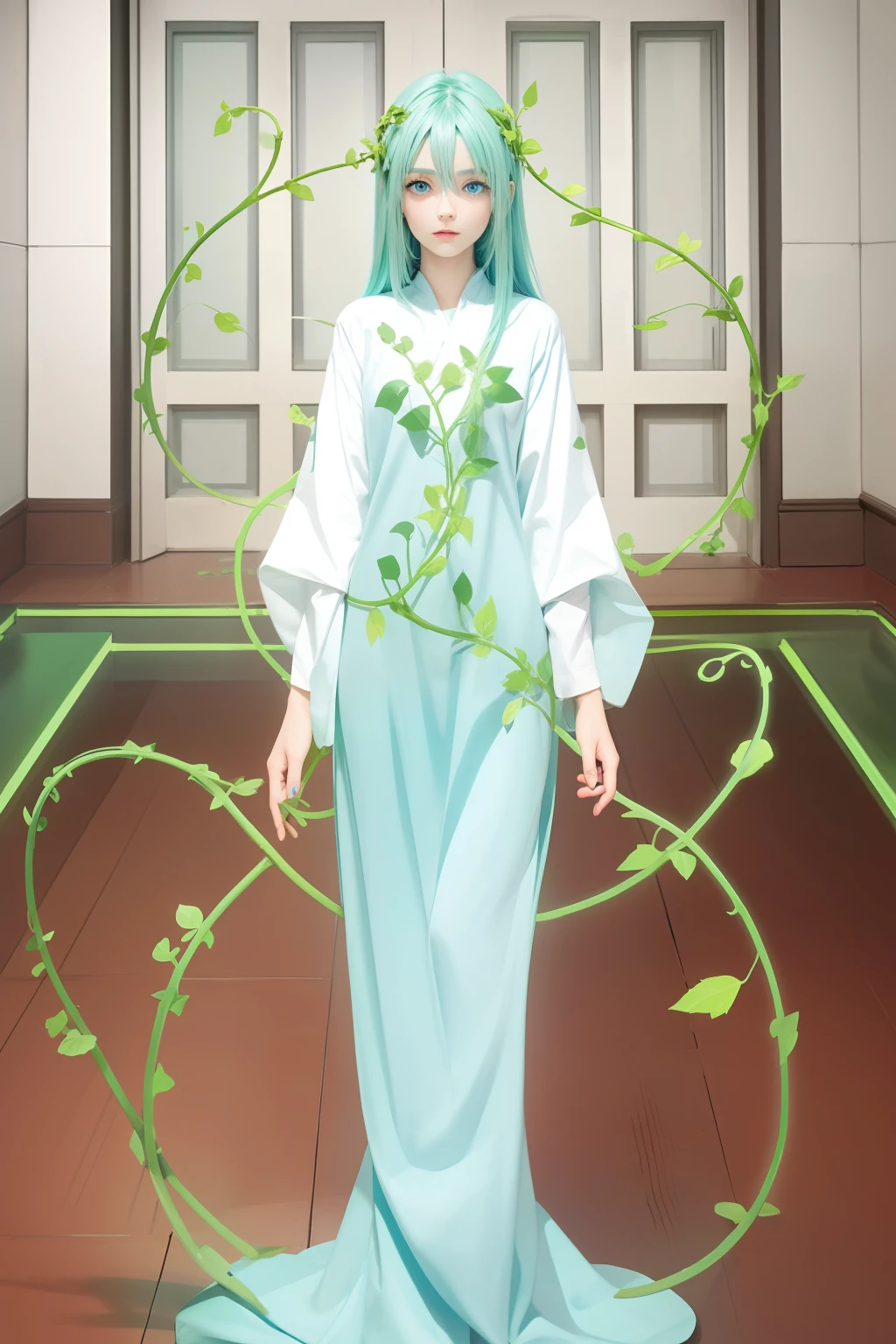 best quality, masterpiece, solo, 1girl, glowing, blue eyes, green hair, green vines, looking at viewer
