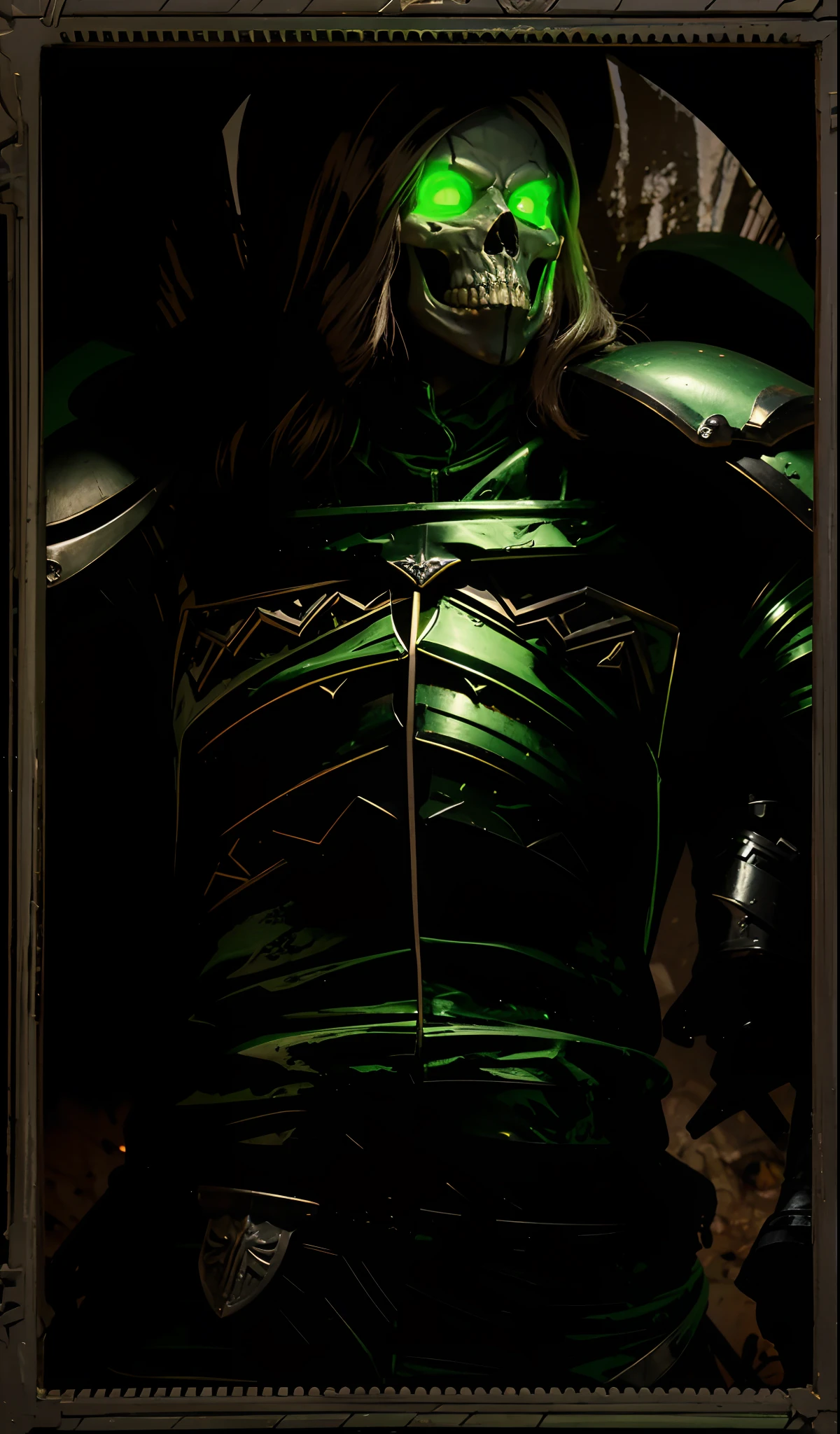 skull person with a green glowing eyes, green plate armor, skull face, evil necromancer, the lord of pestilence, portrait of an necromancer, wearing green battle armor, metallic green armor and cape,