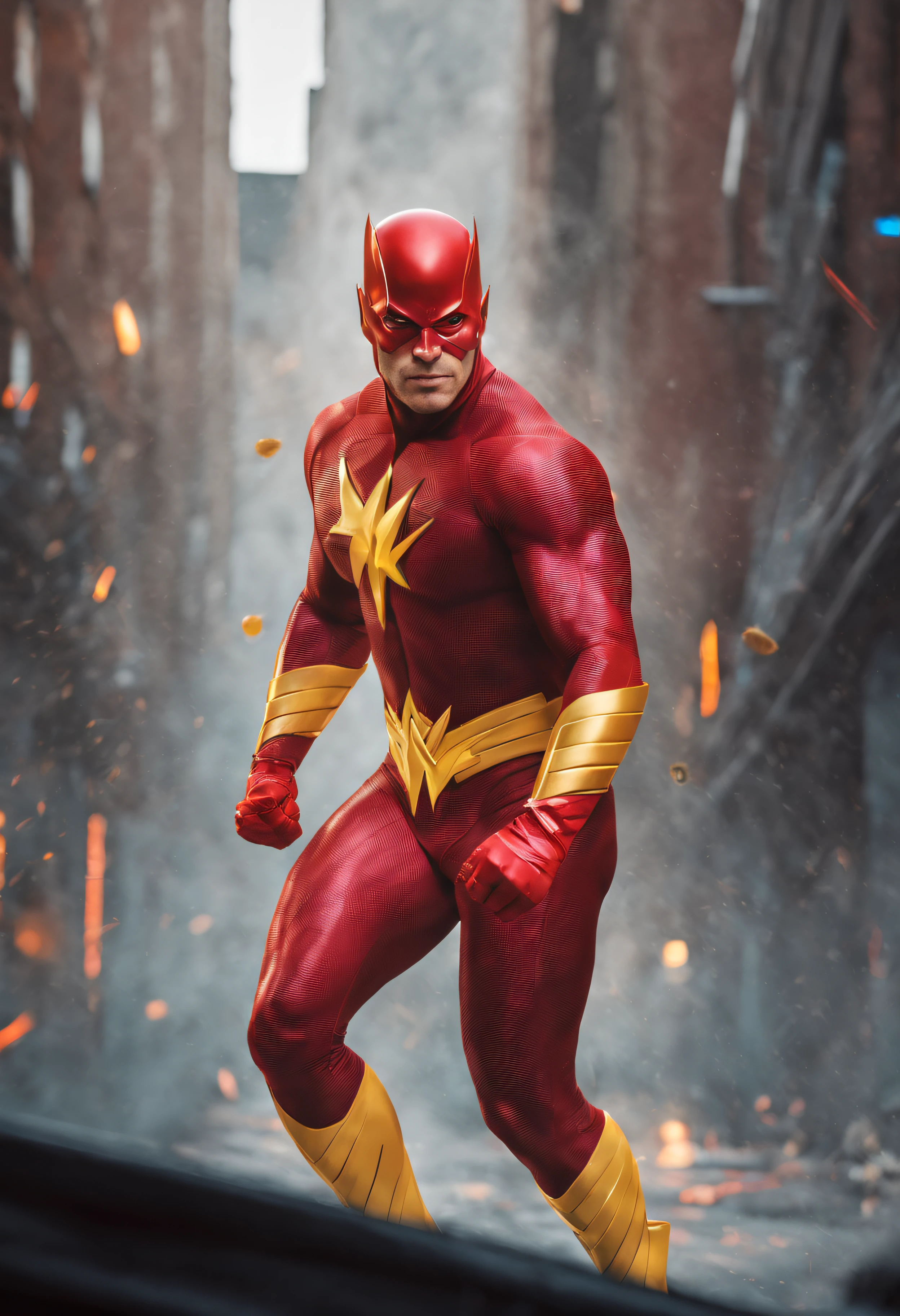 uncropped, full body image, 32k UHD, hyper realistic, photorealistic, realistic, highly detailed professional quality digital photograph, Rapidfire, An extremely muscular Caucasian superhero, wearing a red skintight, formfitting spandex cowl, a red skintight, formfitting spandex full body bodysuit, a utility belt, red gloves, gold wrist gauntlets, gold knee-high boots, red and gold lightning bolts coming off of him as he runs though a dark, neon lit universe, in the art style of Alex Ross