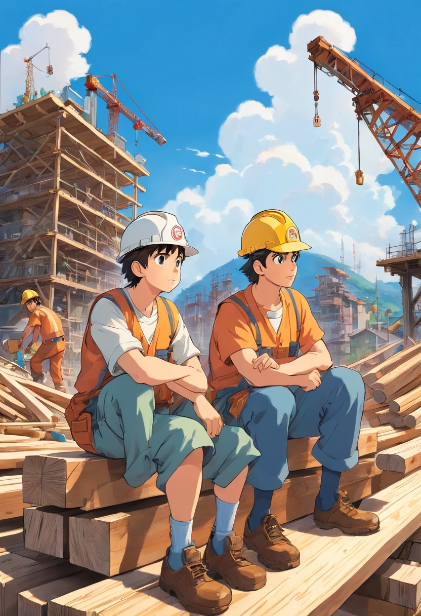 Three construction workers sitting on top of lumber, taking a break. In the background, there is a construction site and a blue sky.