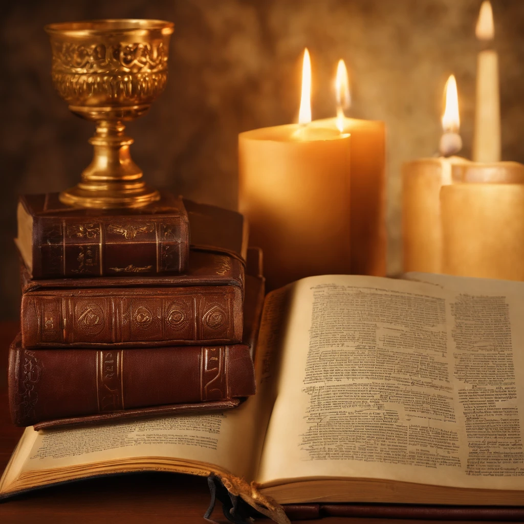 "Por favor, create a high-definition image of the Holy Bible that captures the reverence and spiritual significance of this holy book. The image should convey the historical and religious importance of the Bible, apresentando-a de forma digna e respeitosa. Use soft lighting to highlight cover and page details, enfatizando sua textura e envelhecimento, if applicable. Position the Bible in a setting that evokes a sacred environment, como uma prateleira de madeira em uma biblioteca antiga ou um altar iluminado. As cores devem ser sutis e a tipografia, se presente, deve ser elegante e discreta. The image should inspire a sense of reverence and spiritual connection to the words and teachings contained in the Holy Bible."