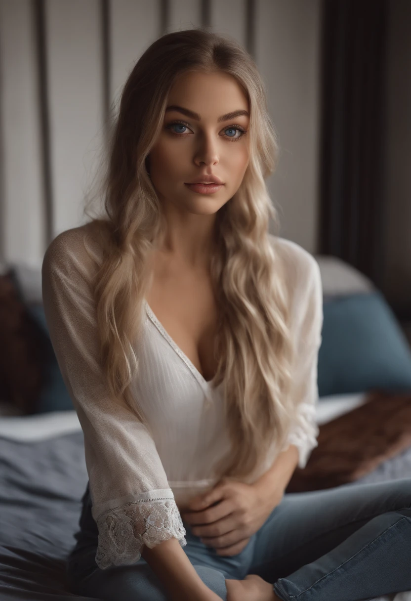 arafed woman fully , sexy girl with blue eyes, ultra realistic, meticulously detailed, portrait sophie mudd, blonde hair and large eyes, selfie of a young woman, bedroom eyes, violet myers, without makeup, natural makeup, looking directly at the camera, face with artgram, subtle makeup, stunning full body shot kneeling on bed, in bedroom, medium to large size bust