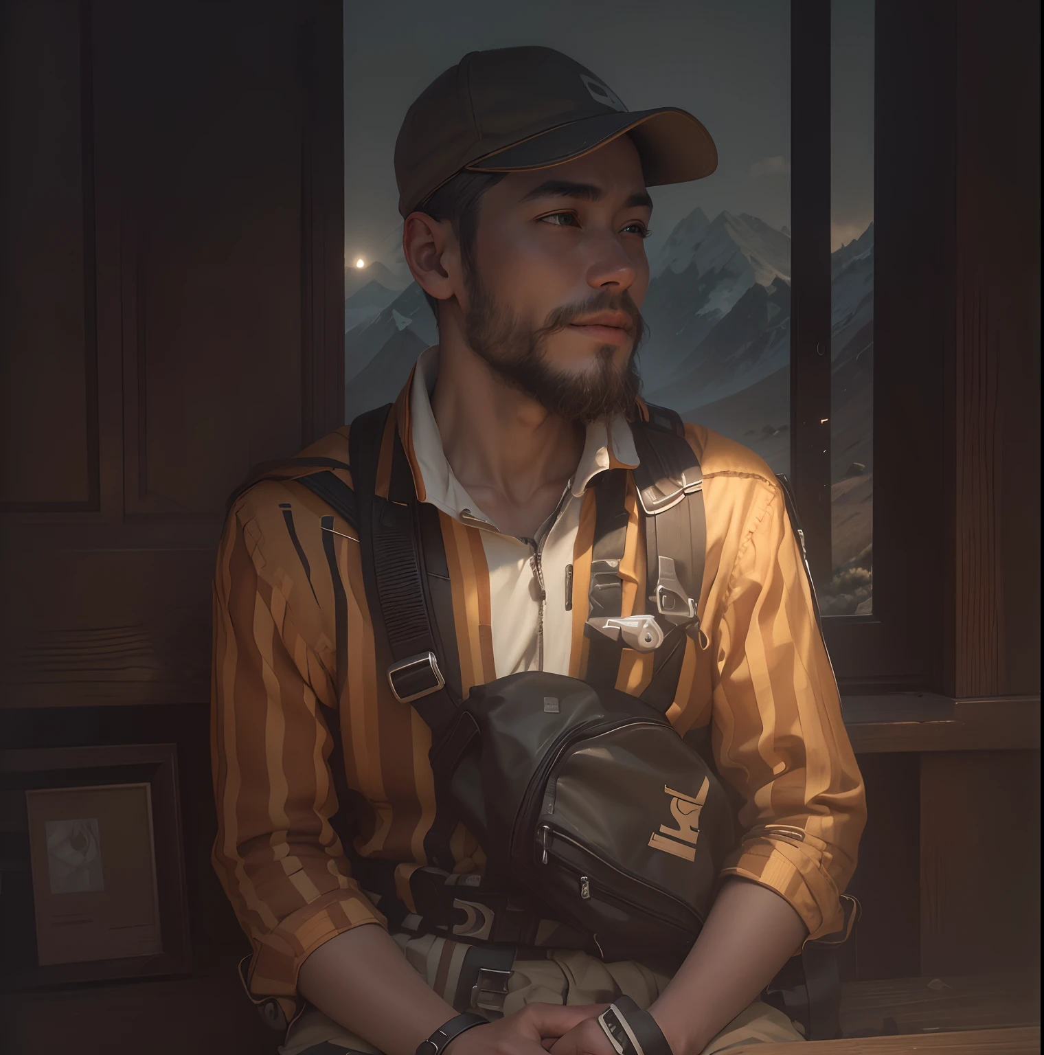 ((Top Quality, 8k, Masterpiece: 1.3)), Taiwanese Woman (1, 19 years old, smile, very detailed face and skin and hair texture, detailed eyes, double eyelids, white skin, beautiful delicate nose, light hair color, slightly longer bob cut hair, parka wearing, chinos wearing, mountain boots worn), overhead camera, sharp focus: 1.2, while emphasizing the subject's hair, eyes, mouth, action The composition is pleasing to the eye and thought-provoking. ⠀ ground, outdoor, (night), mountain, nature, (stars, moon) cheerful, wind, happy, backpack, tent, bonfire, forest, river, smoke, shadow, contrast, clear sky, style, (warm shades, warm tones), pleasant to the eye, while exuding melancholy emotions, characterized by a contrasting mix of calm tones and light and shadow, with dynamic angles, It is a thought-provoking composition.