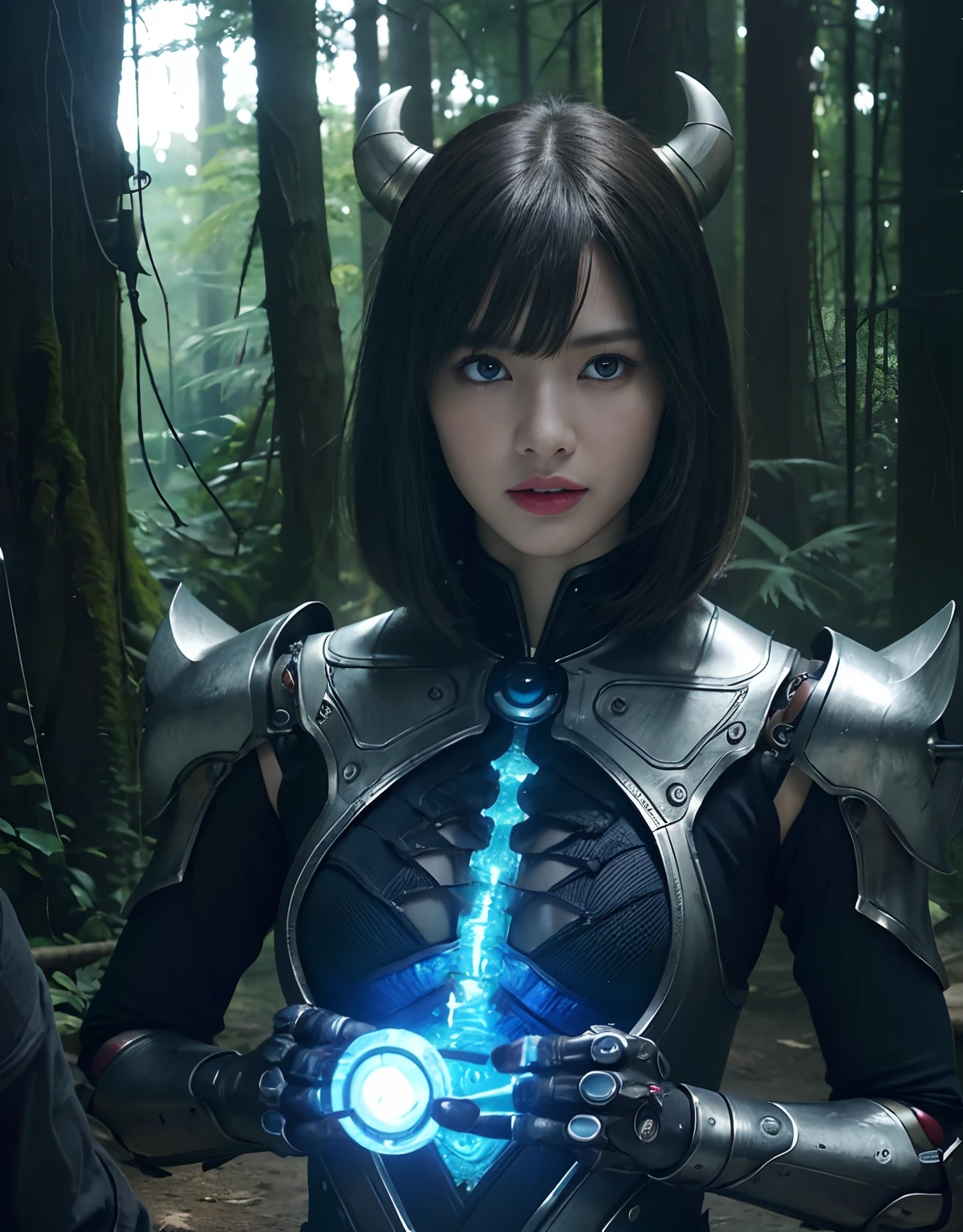 (1 Mechanical Girl)、top-quality、masterpiece、超A high resolution、(Photorealsitic:1.4)、Raw photo、女の子1人、Fight mutants、glowy skin、(((1 Mechanical Girl)))、With a beautiful knife、(Green Metal Bodysuit)、(Kobold、ogre、Fierce battle with orcs),(Fight fiercely against aliens)、Fight fiercely、(beautiful forest background)、(Fighting Demonic Beasts)、(Small LED)、((super realistic details))、portlate、(Strong giant demon beast background),globalillumination、Shadow、octan render、8K、ultrasharp、Colossal tits、Raw skin is exposed in cleavage、metals、Details of complex ornaments、Japan details、highly intricate detail、Realistic light、(Mystical expression),CGSoation Trends、Blue eyes、radiant eyes、Facing the camera、neon details、(Mechanical limbs)、(blood vessels connected to tubes)、Mechanical vertebrae attached to the back、mechanical cervical attaching to neck、(Wires and cables connecting to the head)、Gundam、Small LED、,Mechanical thighs、Toostock、(Hands are also made of machines)、(Attack of the Monster Beasts)、(Wounded in a deadly battle)、