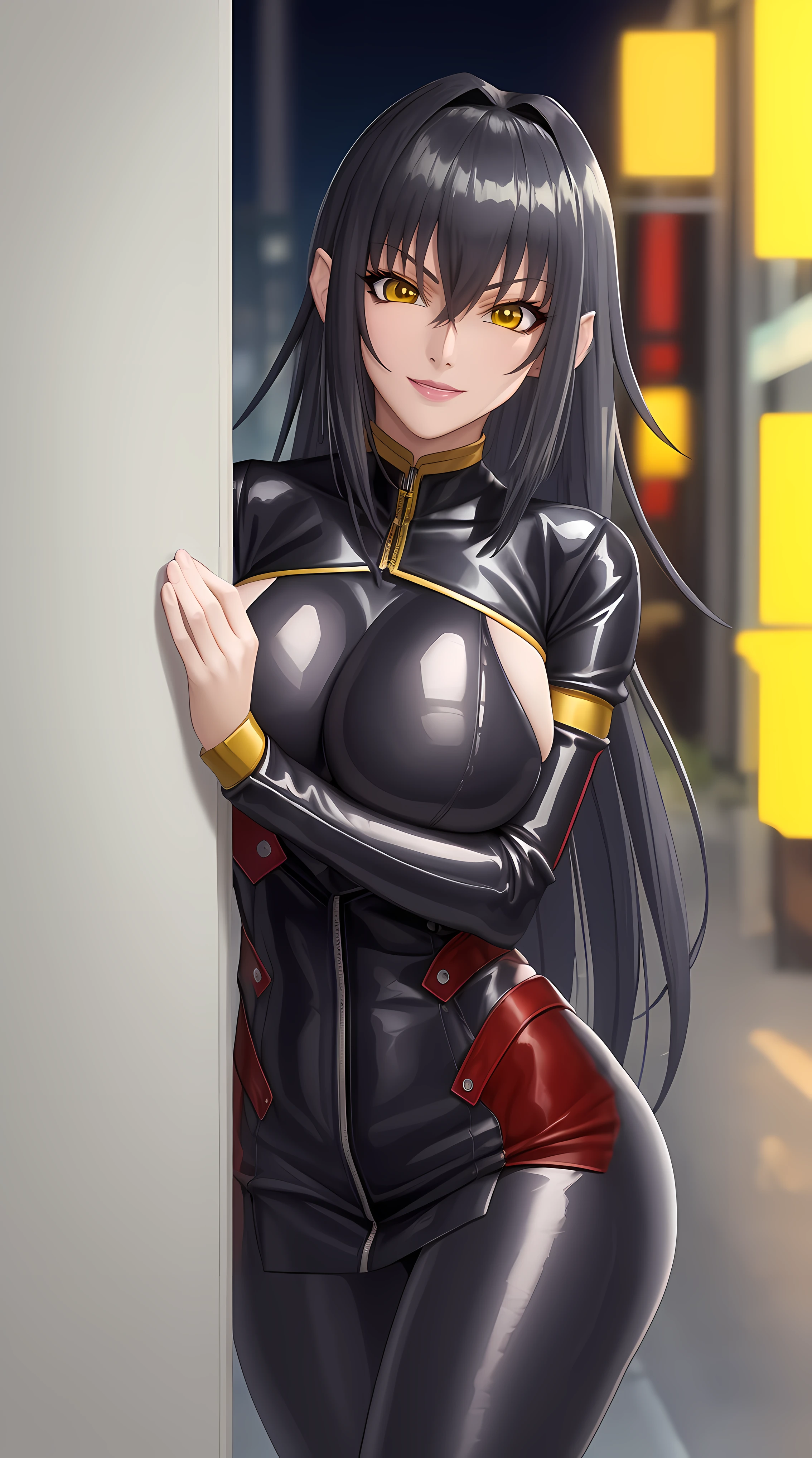 (masterpiece:1.4),(best quality:1.4), beautiful face, beautiful eyes, 1girl, solo, female mature, black hair, long hair, (yellow eyes), large breasts, black latex suit, ((night vibe background)), hair intakes, exquisite eyes detail, exquisite character design details 8k HDR, professional art, landscape, (solo:1.5, 1girl:1.4, cowboy shot:1.5), milf, 35 years old girl, (looking at viewer, smug, peeking pose), Annerose